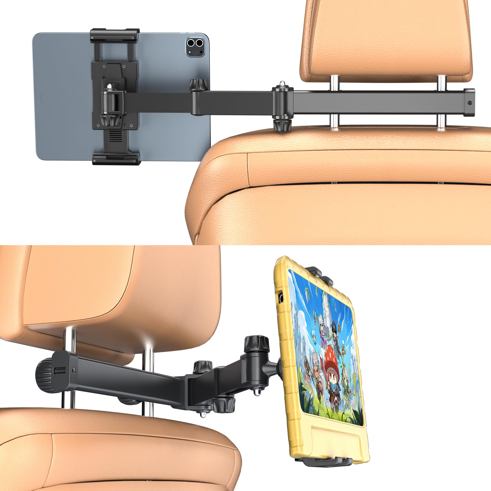 OHLPRO 車 タブレットホルダー 後部座席 スマホホルダー 真ん中 ヘッドレストに取付 26cm伸縮アーム 安定性 iPad Pro/Air/Mini、Galaxy tab、iPhone 17シリーズなど4.5-13インチの端末に対応 ipad車ホルダー