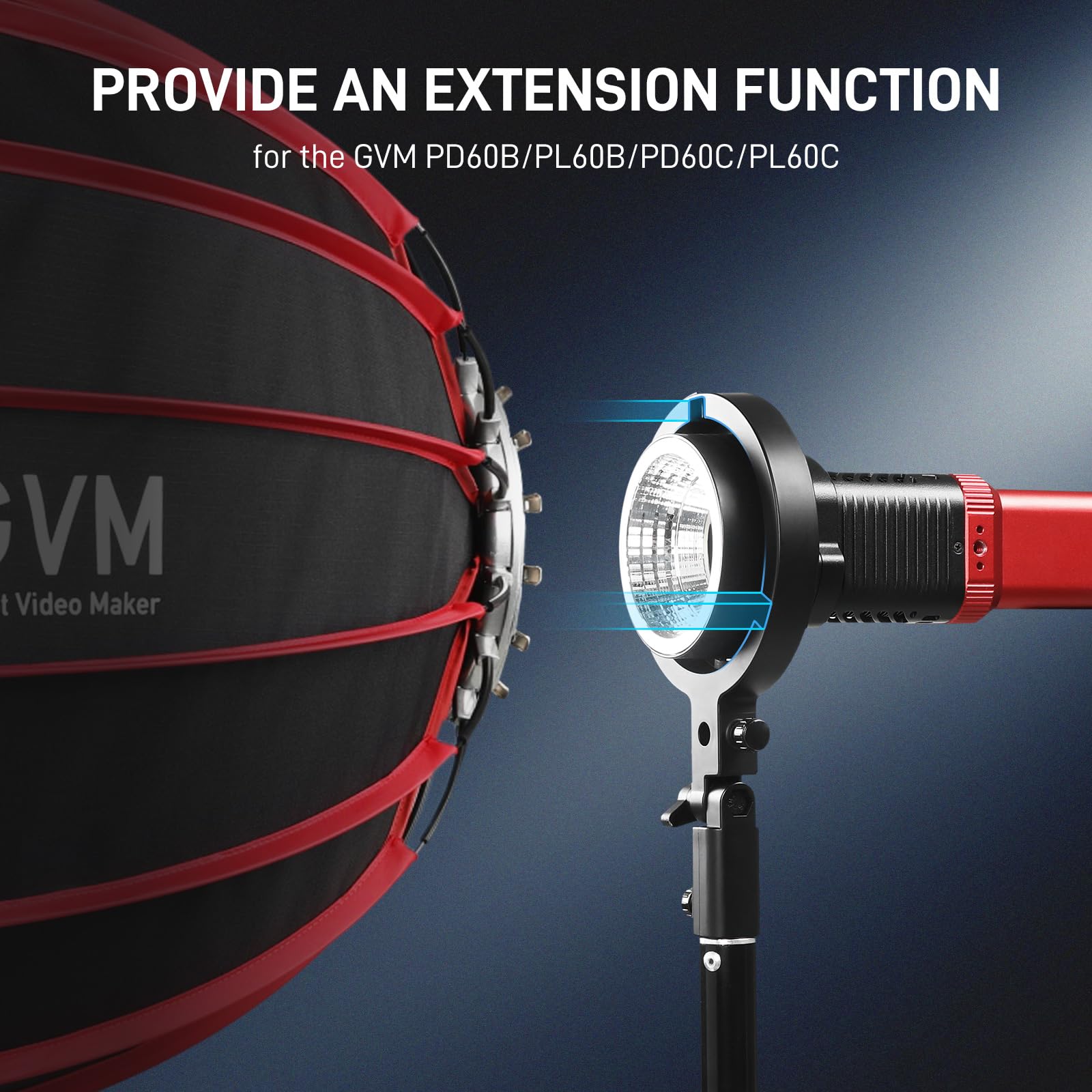 GVM Adaptateur de montage Bowens pour PD60B PD60C PL60B PL60C, version mise à jour différents angles de support pour tous les accessoires de montage Bowens, tels que Softbox, Barndoor, lentille de