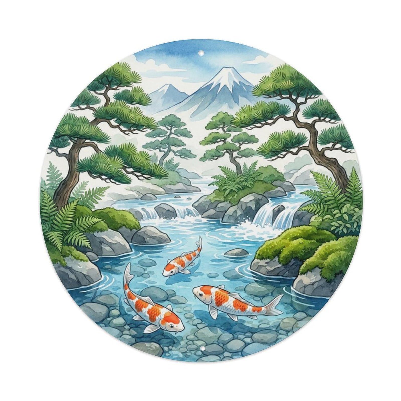 Stream Pond Koi Garden Water Scenic Zen Japanese Mist Metal Tin Sign Plaque Wall Decor for Cafe, Man Cave, Club Bar, Office, Home Garden Round Metal Poster 8x8Inch