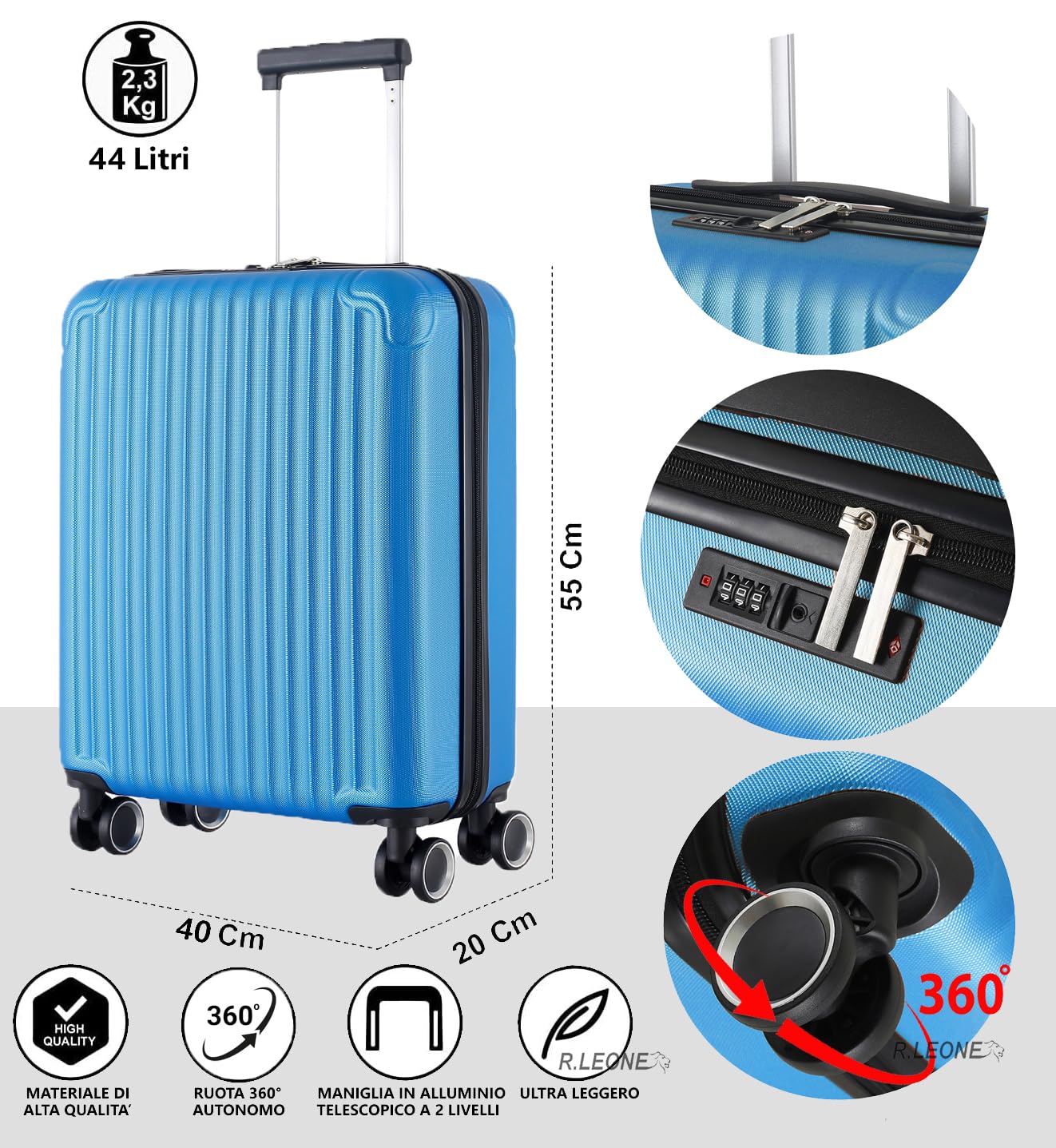 R.Leone Valigia Ryanair 55x40x20 cm + 40x20x25 cm Set 2 Pezzi Trolley Bagaglio a mano 4 Ruote e Beauty Case in ABS 999 (Lilla, Valigia 55x40x20 cm + Borsa 40x20x25 cm)