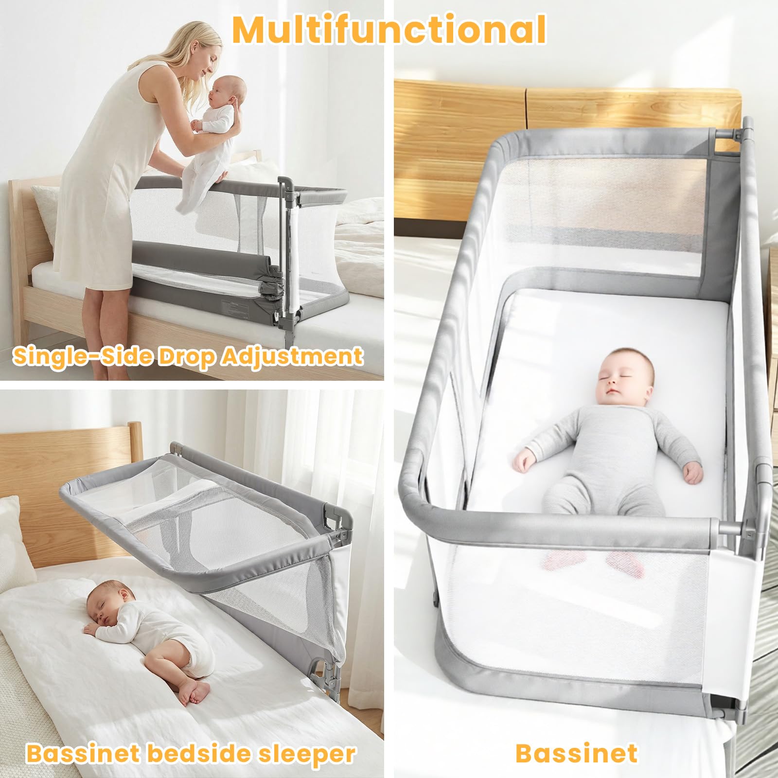 Baby-Beistellbett höhenverstellbar tragbares Seitenbett mit atmungsaktiven Mesh-Fenstern waschbarem Innenbezug