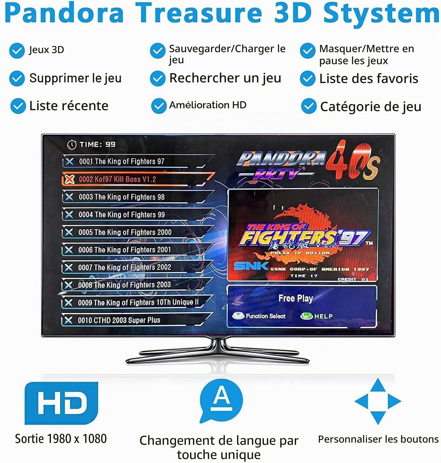 31900 Jeux en 1 Pandora's Box Arcade, console de jeu d'arcade 3D avec 2 joysticks, 1280 x 720 Full HD, VGA, HDMI, support de recherche/enregistrement/masquage/pause jeu jusqu'à 4 joueurs