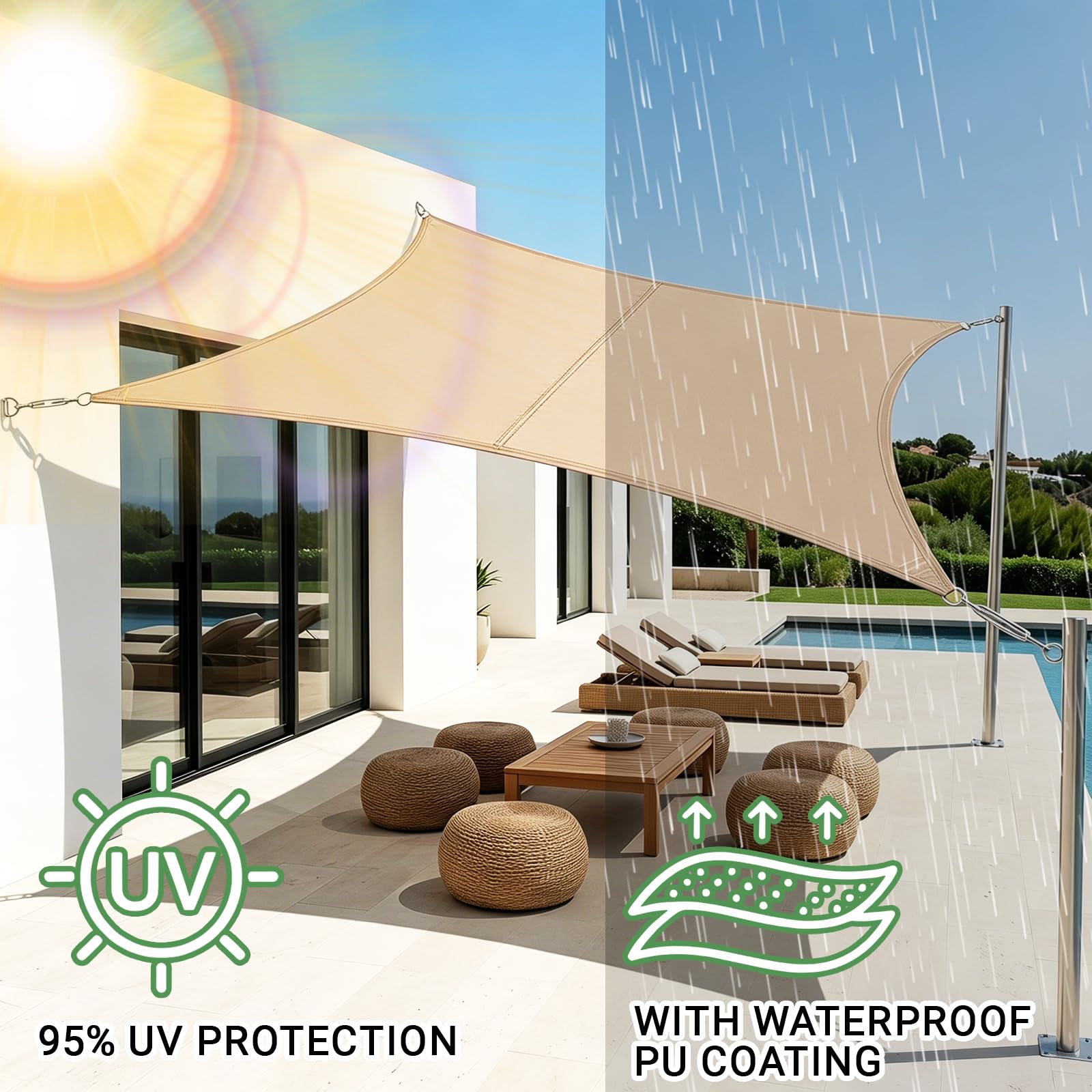 HYZYWON Vela Ombreggiante, Vele Ombreggianti, 2x4 m, Kaki, Rettangolo, Tenda a Vela per Esterno, Tenda Vela Ombreggiante, Telo Ombreggiante, Include 4 Corde, per Terrazze, Giardini (Kaki, 2x4)