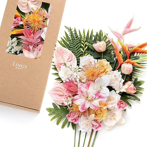 Ling's Moment Juego de cajas combinadas de flores artificiales y vegetación color rosa terracota y crema, flores falsas lilas y malvas para ramo de