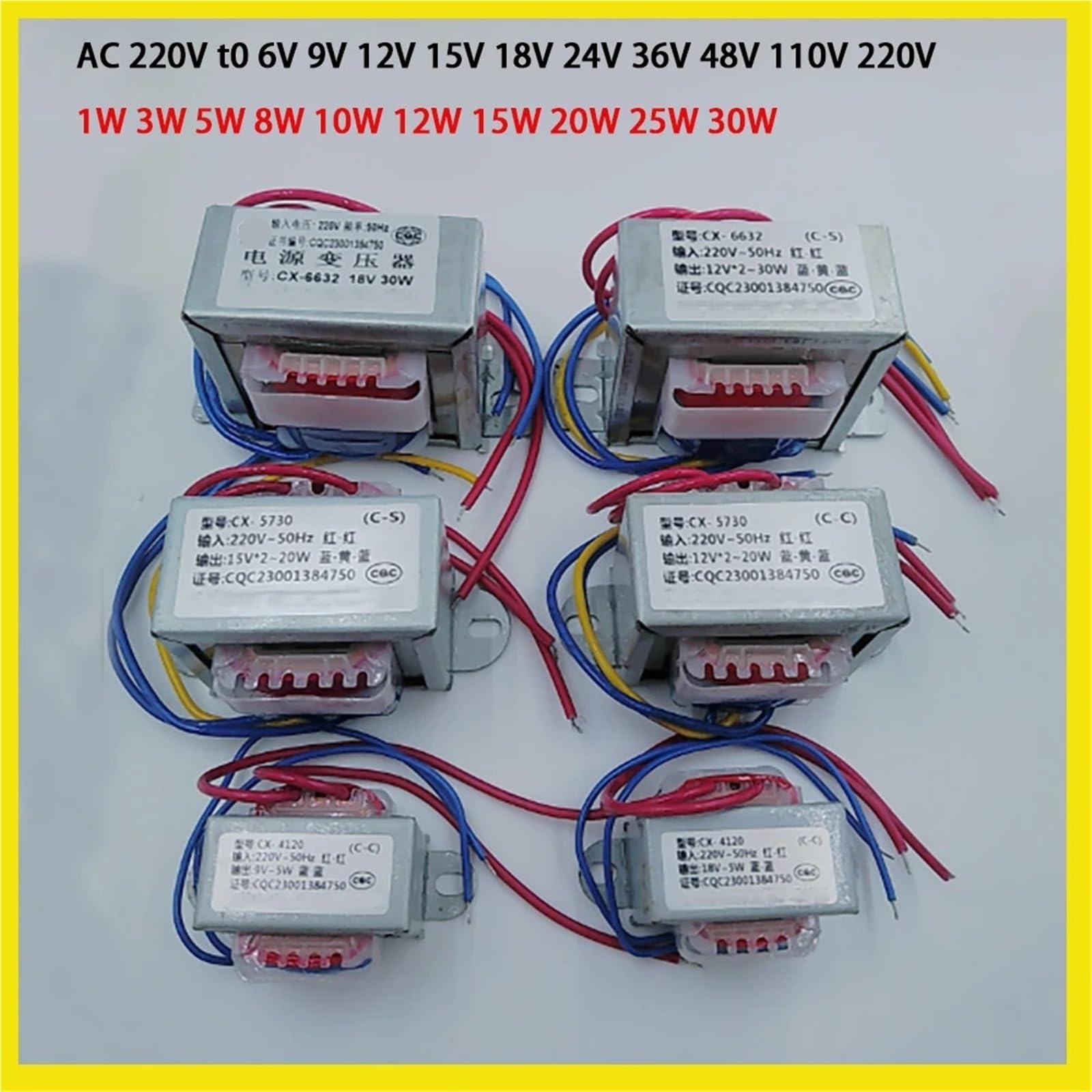Transformator mocy 30 W, 25 W, 20 W, 15 W, 10 W, 8 W, 5 W, 3 W, wejście AC 220 V, 50 HZ, wyjście AC 6 V, 9 V, 12 V, 15 V, 18 V, 24 V, pojedynczy V, 2 linie, 1 sztuka (15 W, wyjście AC 24 V)