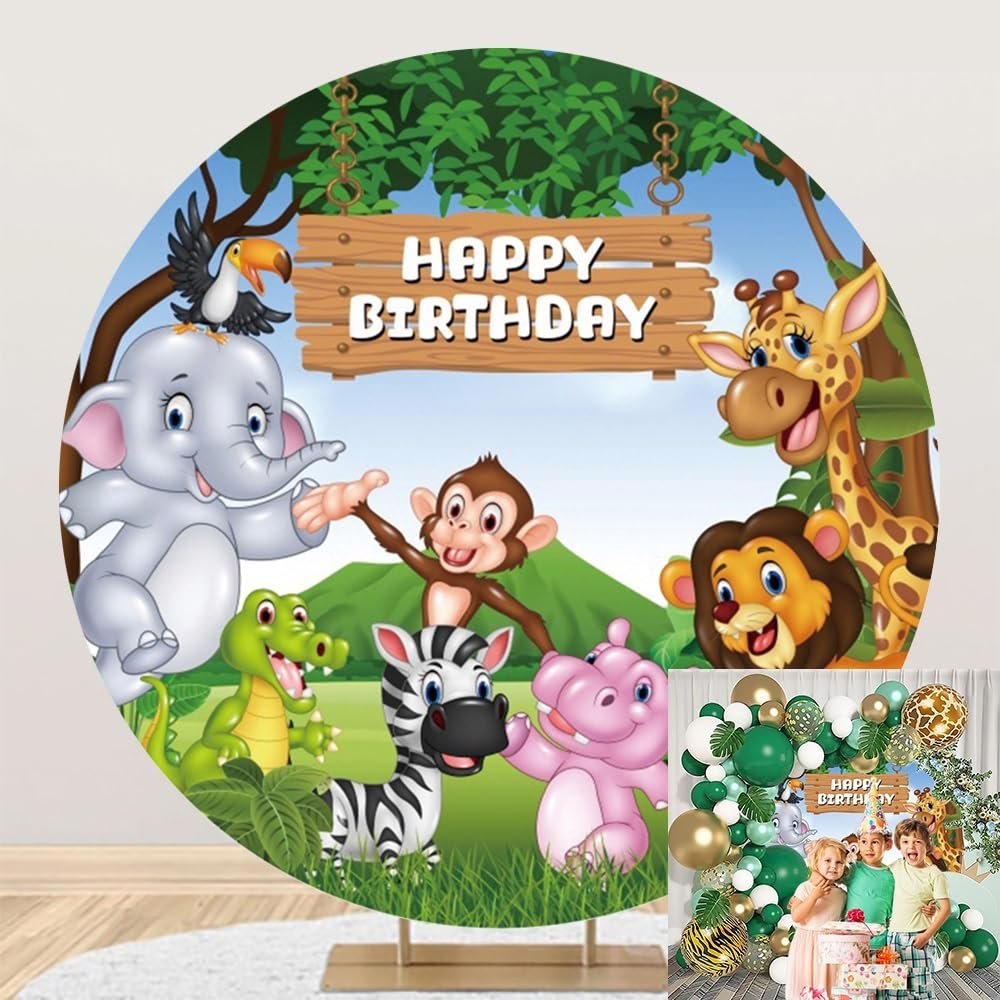 OERJU Safari Happy Birthday Round Backdrop Cover Jungle Animal Theme Circle Arch Backdrop Cover Kids Children Birthday Party Decoration Photography