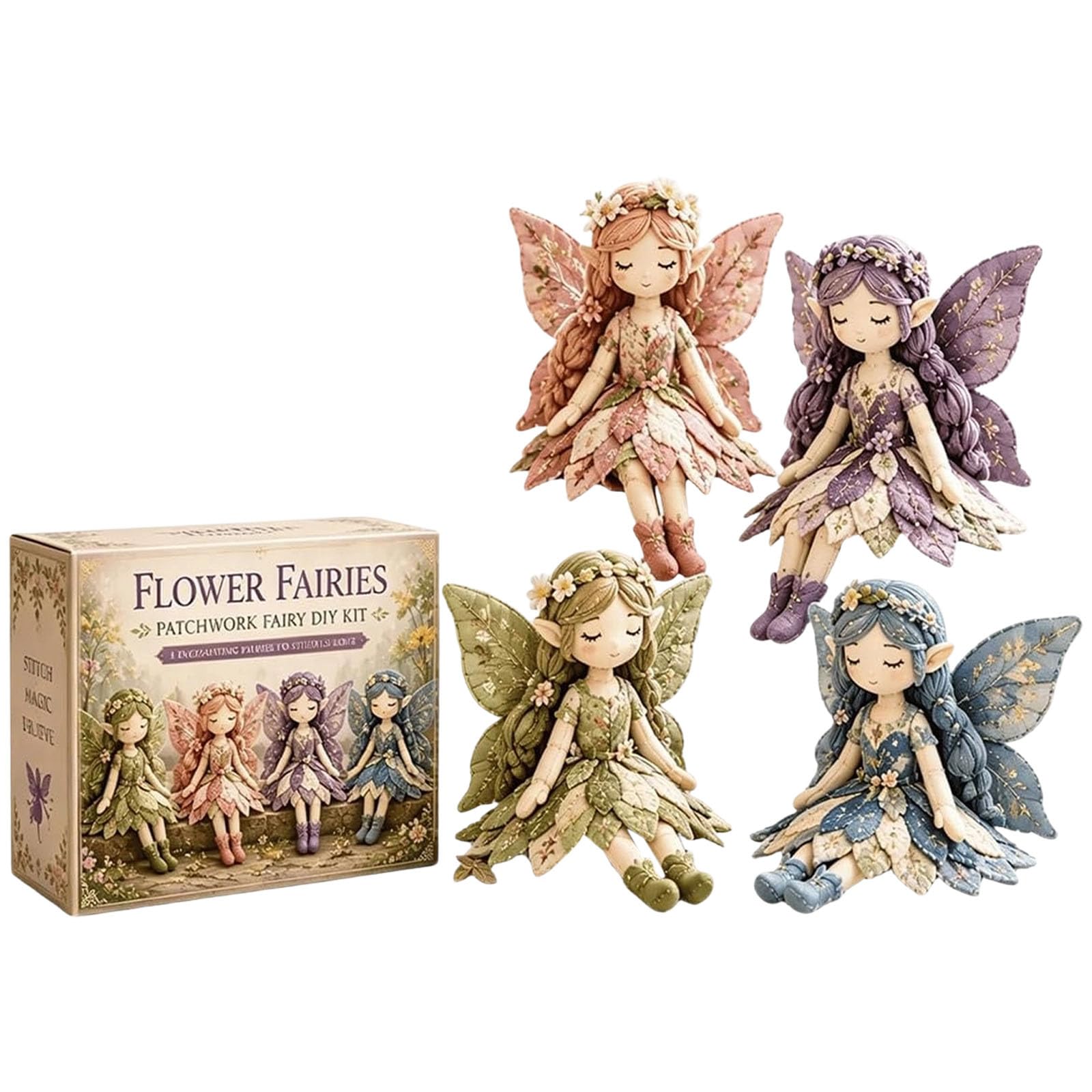Patchwork Fairy Doll DIY Sewing Kit with Pre-Cut Materials,Make 4 Fairy Dolls, Beginner Friendly, All Materials Included, No Glue Required, Adults & Beginners (Set 1)