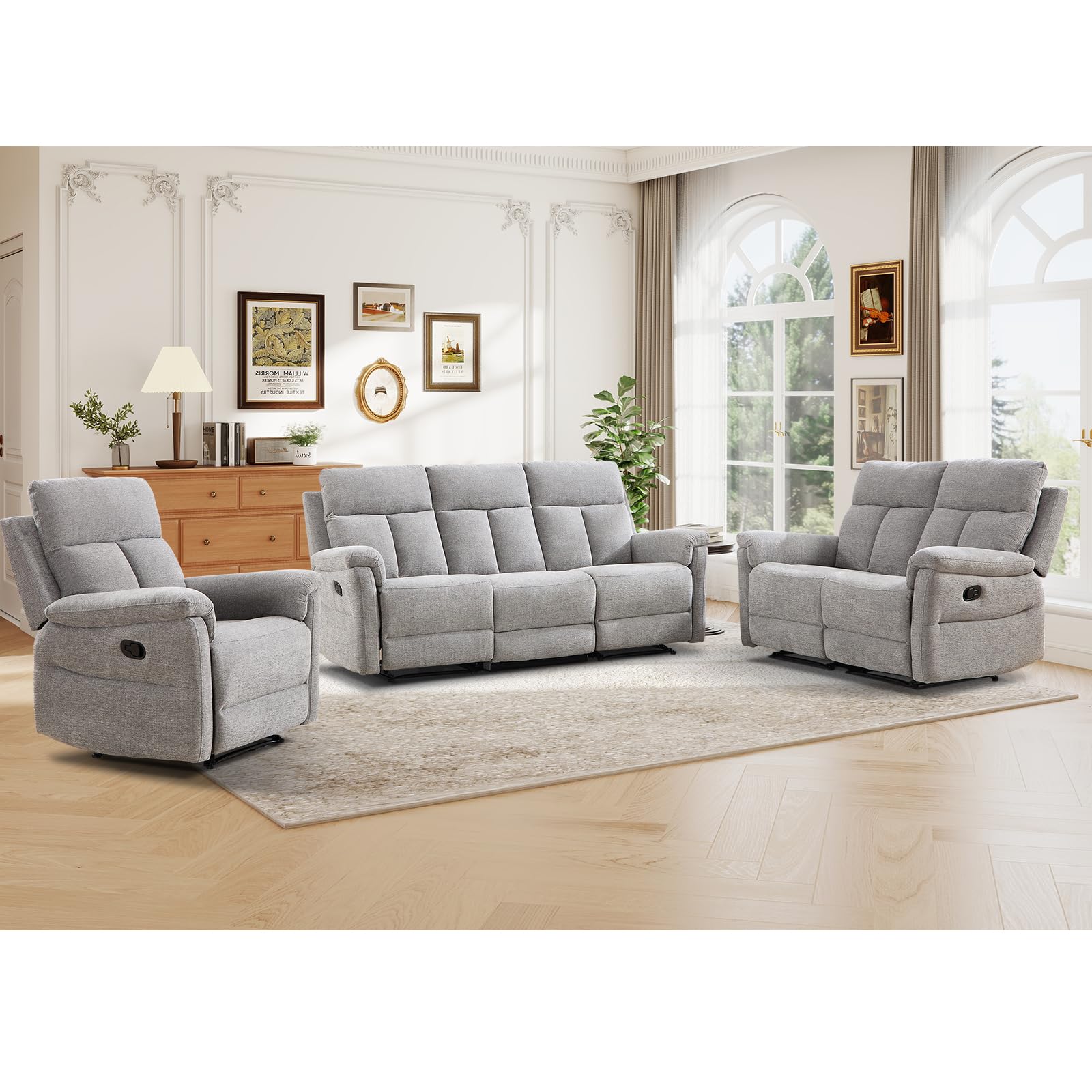 ANJ 3-Piece Manual Recliner Sofa Set, Recliner Chair, Reclining Loveseat and 3-Seat Sofa with Overstuffed Backrest and Supportive Backrest, Fabric Reclining Couch Set for Living Room, Light Grey