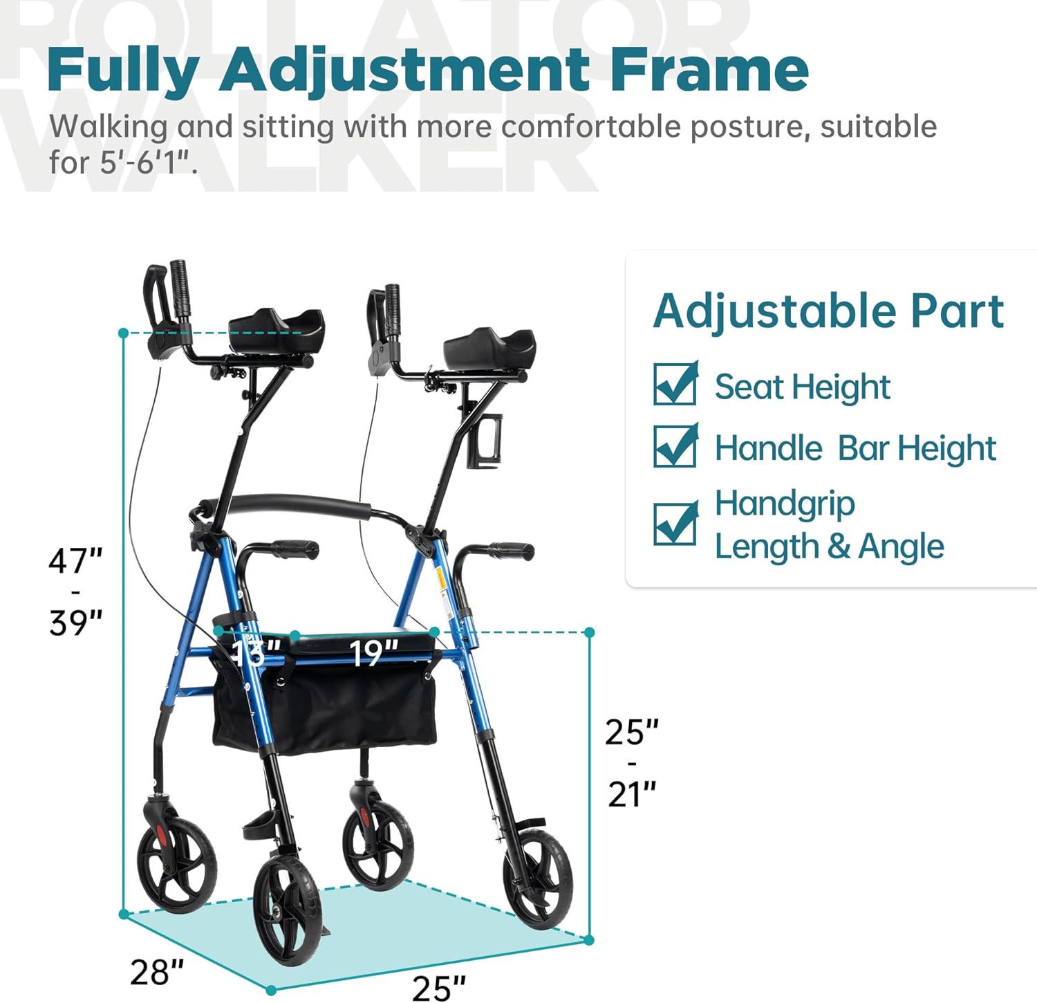ELENKER Upright Walker, Stand Up Rollator Walker with Padded Seat and Backrest, Lightweight, Compact Folding, Fully Adjustment Frame for Seniors, Blue