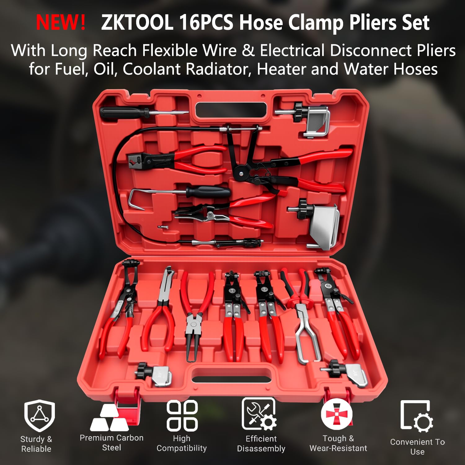 ZKTOOL Juego de 16 alicates de abrazadera de manguera, herramienta de extracción de abrazadera de manguera flexible, adecuado para divisores de conectores de terminales automotrices, reemplazo de