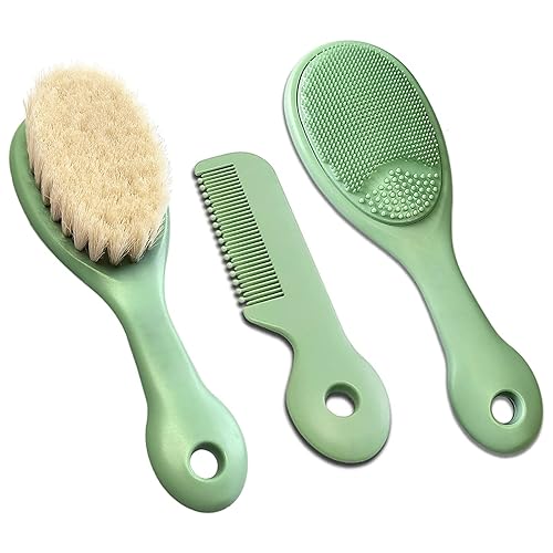 MolYuan 3PCS Baby Haarbürste und Kamm Set für Newborns & Toddlers- Soft Goat Bristle Hair Brush, Silicone Bath Brush and Baby Comb for Infant, Kids - Perfect Baby Registry Gift (Grün)