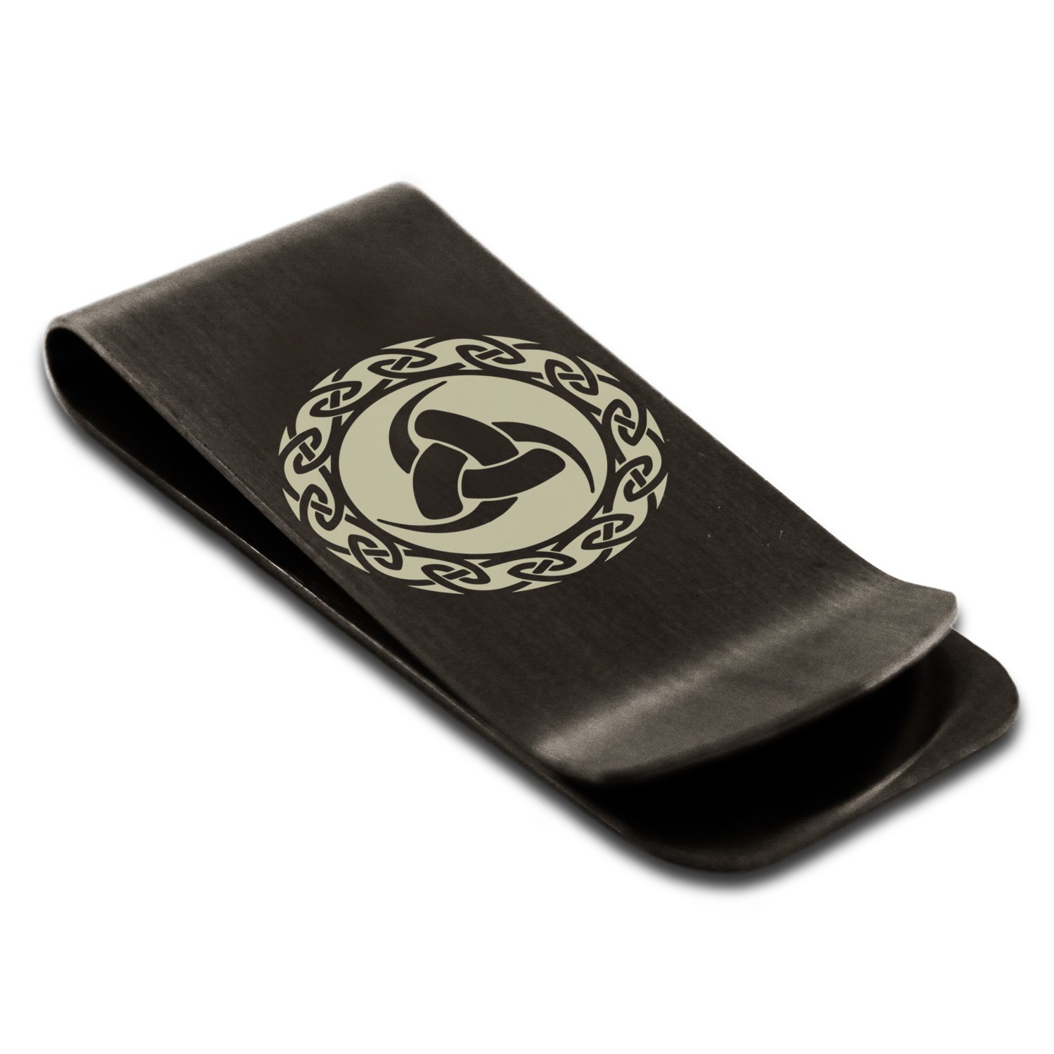 Matte Black Stainless Steel Triskelion Triple Horn of Odin Viking Symbol Money Clip Credit Card Holder