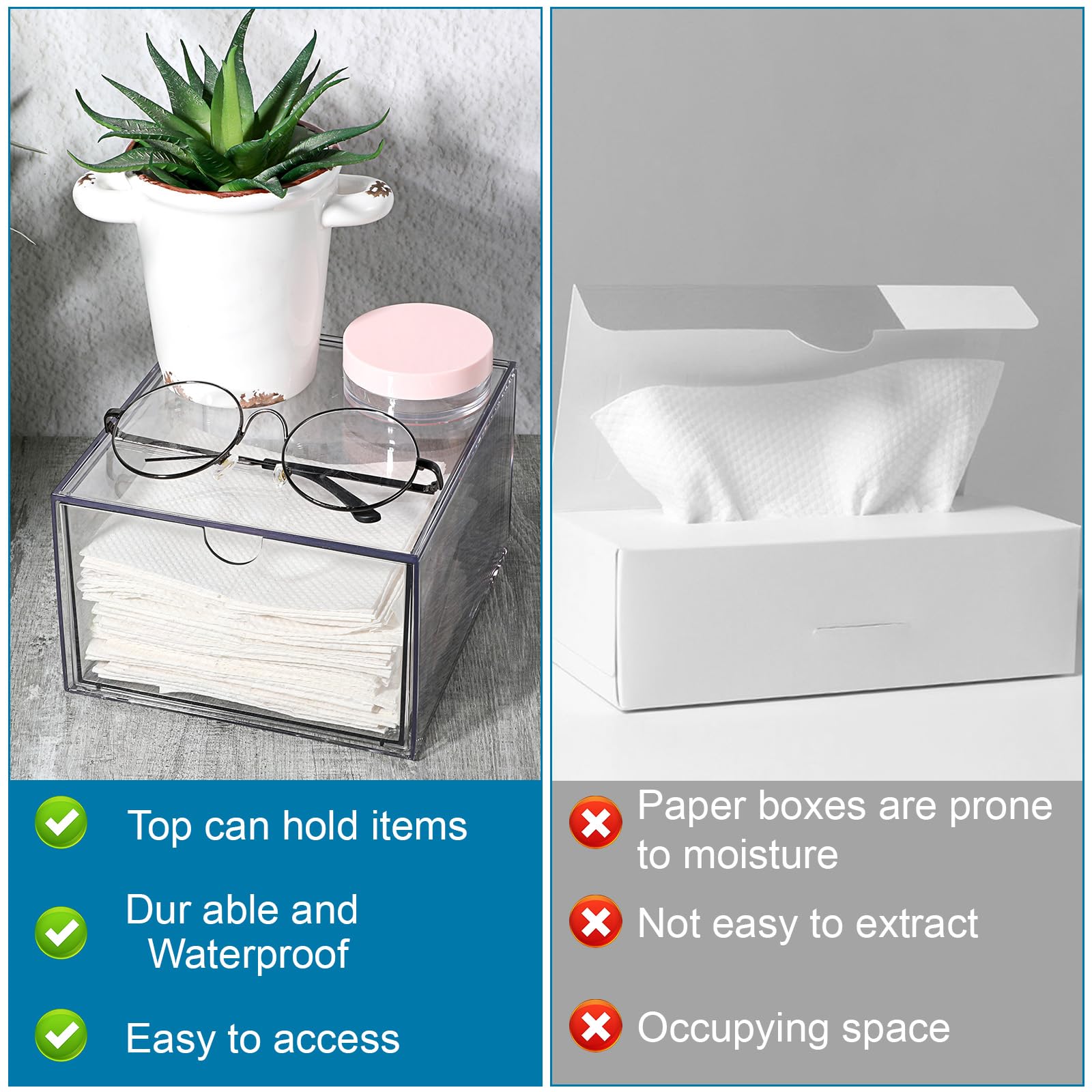 cobee Disposable Face Towel Holder, Acrylic Face Towel Storage Box Bin Container Stackable Clear Makeup Organizer with Drawer for Vanity Bathroom Makeup Organization