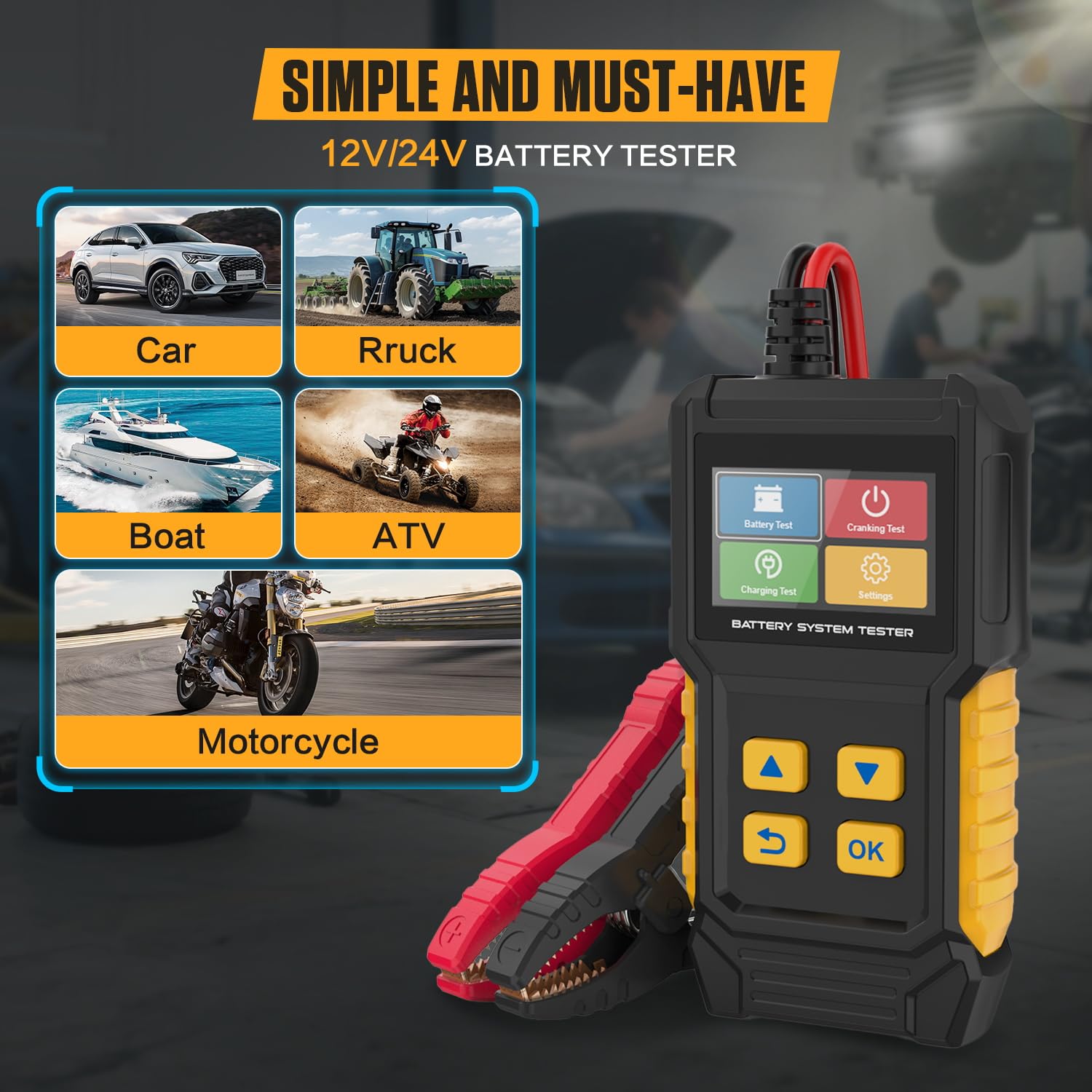 BT360 Car Battery Tester 12V 24V 30-2000 CCA Load Tester Starter Alternator Tester Automotive Charging Cranking System Tester for Motorcycle Car Truck SUV ATV Boat