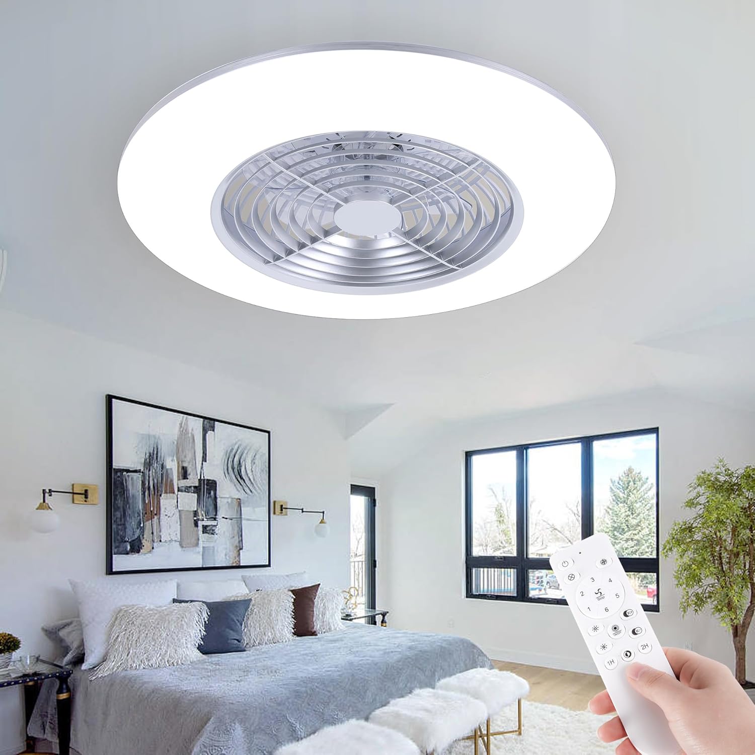 24″ Low Profile Ceiling Fan with Lights, Smart LED Bladeless Ceiling Fans 3-Dimmable Light and Remote/APP Control, Modern Flush Mount Ceiling Fan for Bedroom/Living Room