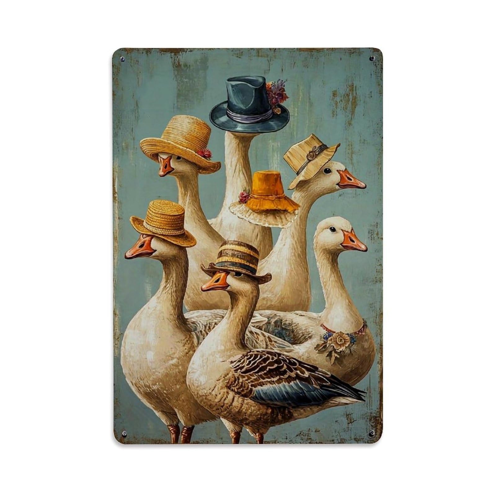 Nestemfo Vintage Geese Wearing Hats Art Tin Sign Metal Sign, Living Room,Bar, Home, Bedroom Wall Decor,Retro Metal Poster 8X12 Inches
