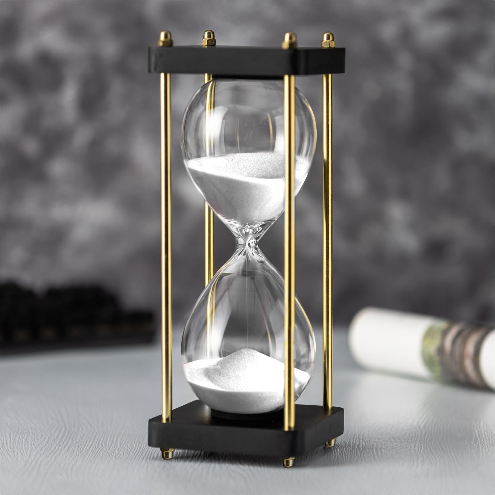 ELAINESTORE Hourglass Timer 60 Minute with Golden Pillars, Black Wooden Base Decorative Sand Timer (White Sand, Large Size)