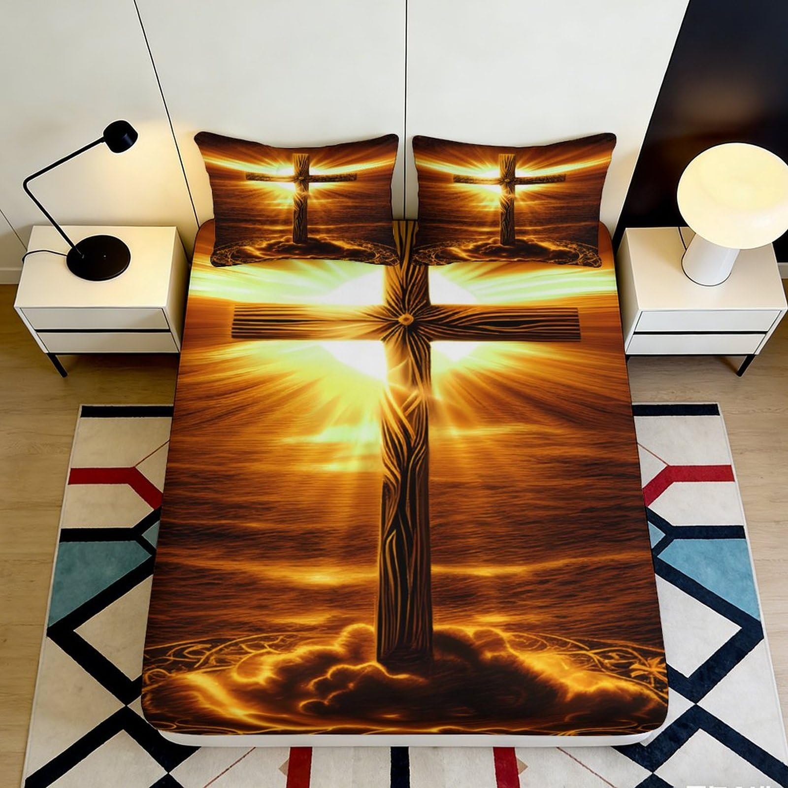 3D Printed Sunlight Cross Fitted Sheet Microfiber Soft Anti-Slip Bed Cover for Bedroom Guest Room Decor Easy Care 90x200x25cm