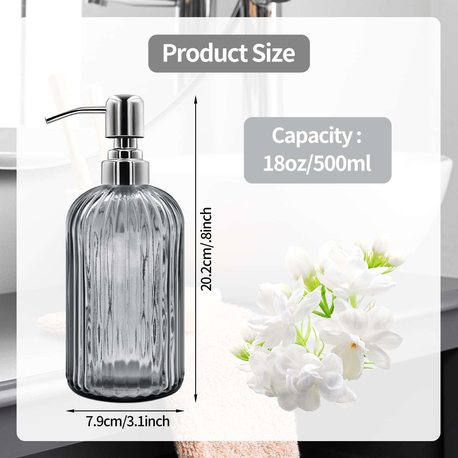 Distributeur de savon en verre de 532 ml avec pompe en acier inoxydable, bouteille de savon liquide rechargeable au design moderne côtelé pour salle de bain, cuisine, savon pour les mains, savon à