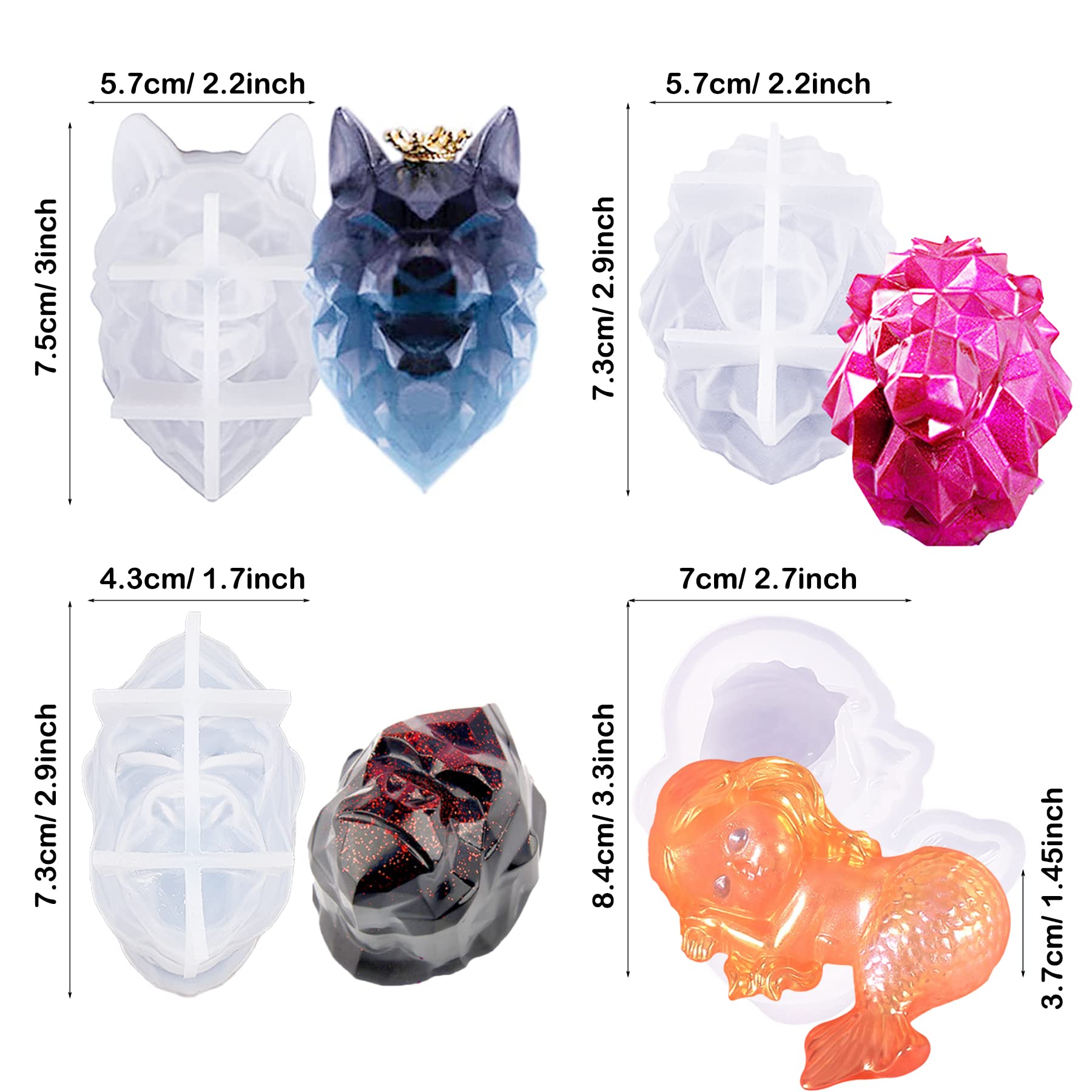 Allazone 3D Animal Resin Molds, 9 PCS 3D Animal Epoxy Resin Silicone Moulds Mermaid Resin Casting Moulds with Measurement Cup for Resin Craft DIY, Keychain, Home Decoration