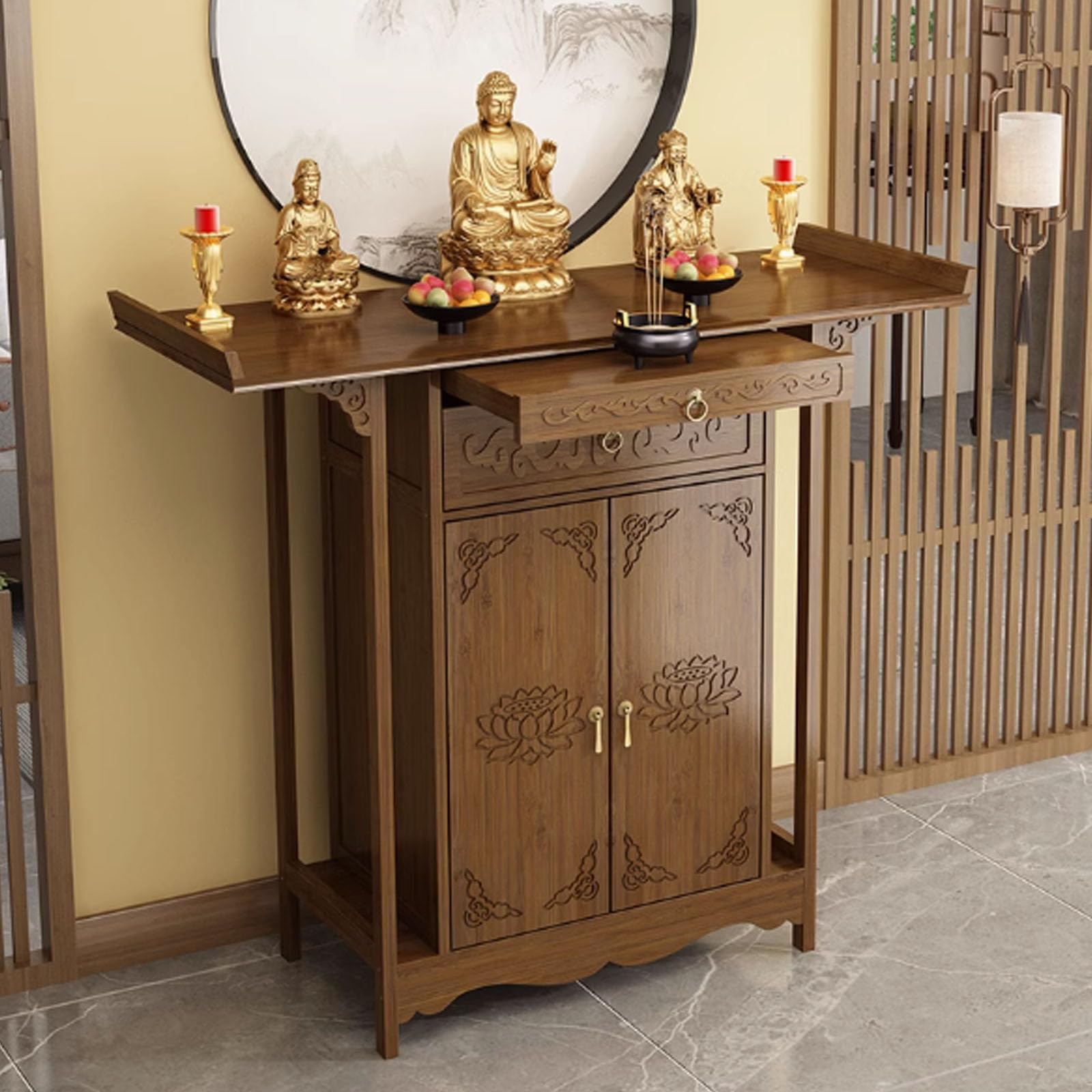 IvyLoutish Altar Table Buddha Shrine – Wooden Chinese Cabinet for Buddhist Rituals, Storage Niche for De Muertos, Decorative Home Shrine with Cabinet.