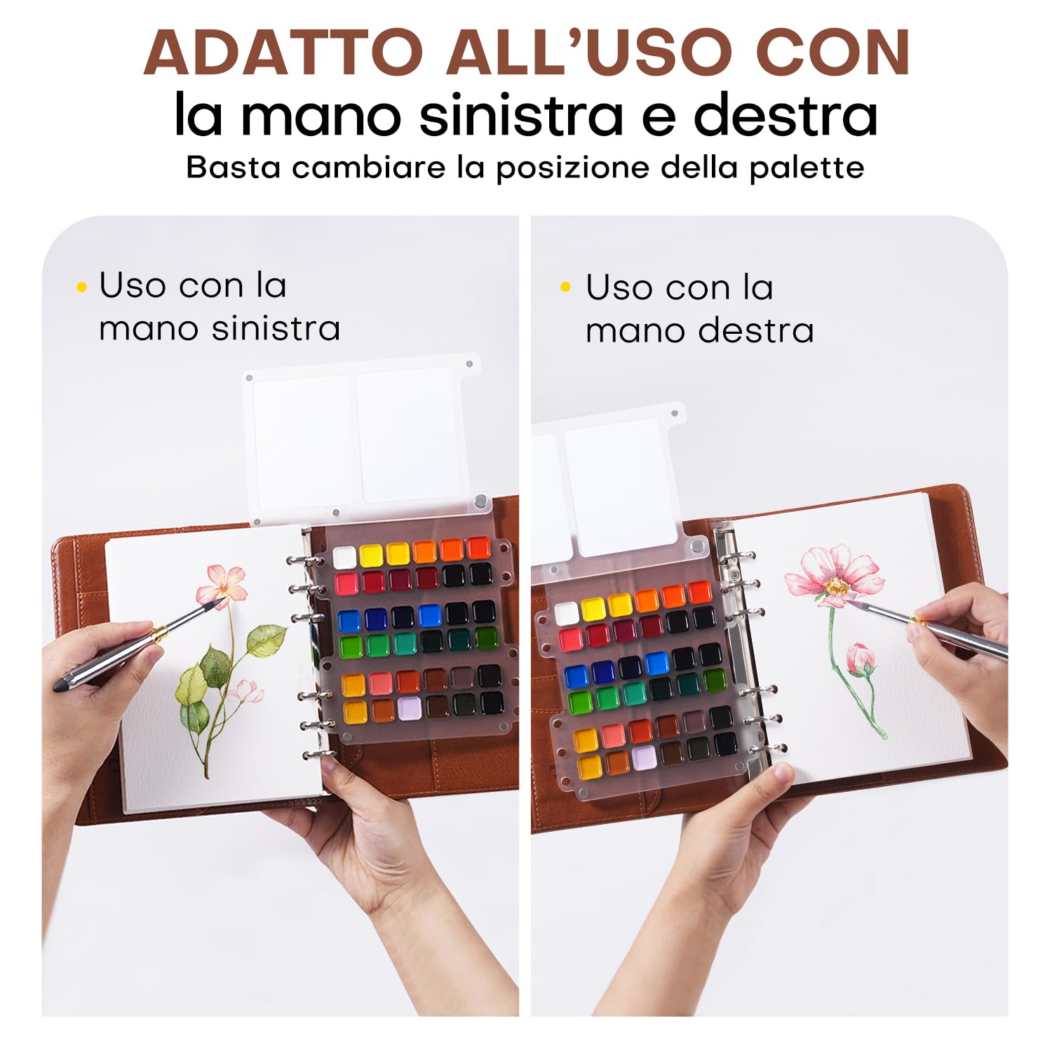 Kit Acquerelli da Viaggio con Sketchbook - 36 Colori, Tavolozza e Pennello da Viaggio, 20 Fogli in Carta 100% Cotone 300 g/m², Copertina in Pelle Vegana, ideale per Urban Sketching, Pittura all'Aperto