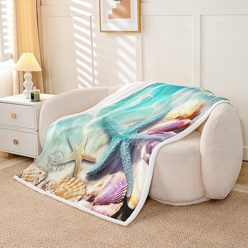 Miniatura 3 de Erosebridal Manta de forro polar con diseño de concha de estrella de mar, color verde azulado, manta de sherpa costera tranquila para niños y niñas,