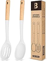 Vista 11 de Cucharas de cocina de silicona, ideales para recoger lados y servir guisos abundantes, silicona mate sin BPA, cuchara de servir con mango de madera