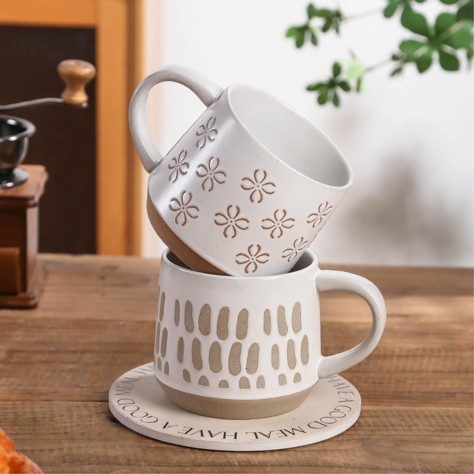 Taza de café retro de cerámica de 450 ml, taza de desayuno para el hogar, color blanco