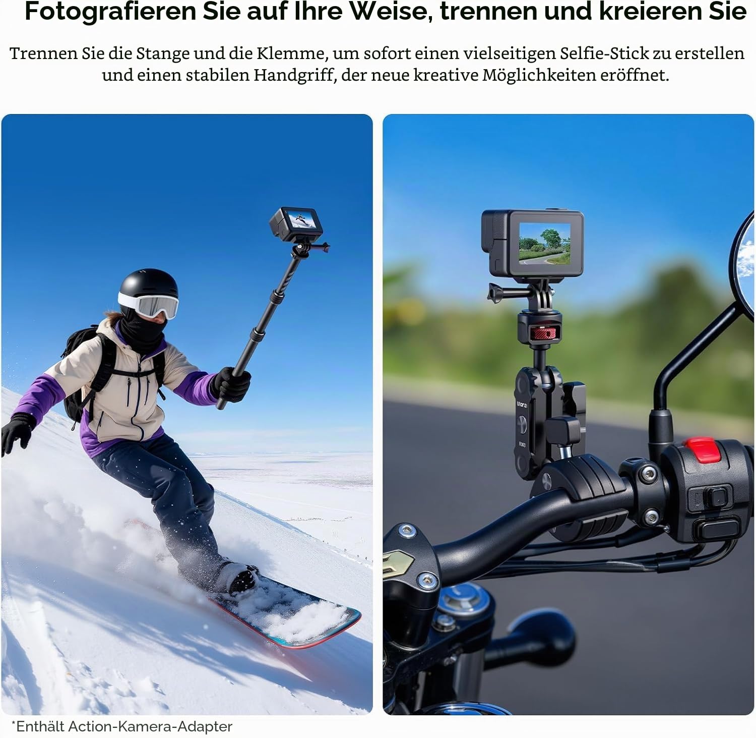 ULANZI VL03 Motorrad Halterung für Insta360 X5 X4 X3/DJI Osmo 360 mit Schnellverschluss, 40in Verlängerungsstangen-Klemmhalterung für GoPro DJI Insta360 Action-Kamera