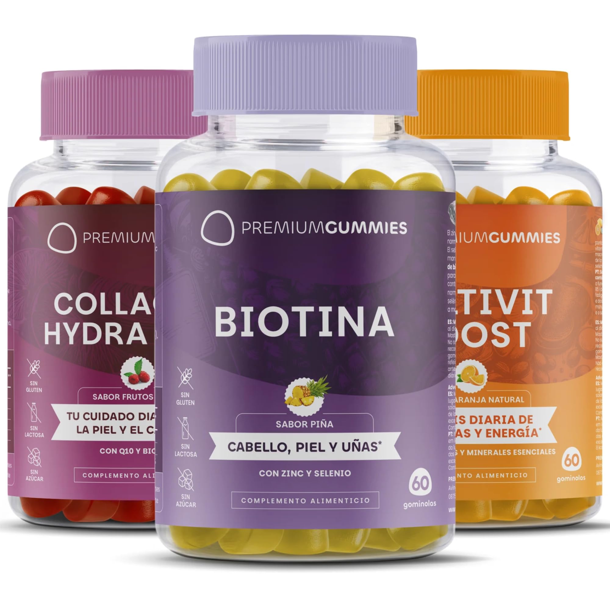 Pack Glow Pre-Verano - Colágeno + Biotina 5000mcg + Multivitaminas - Cuidado de Piel, Cabello y Uñas - Con Zinc, Selenio, CoQ10 y 13 Vitaminas - Sin Azúcar - 180 Gominolas