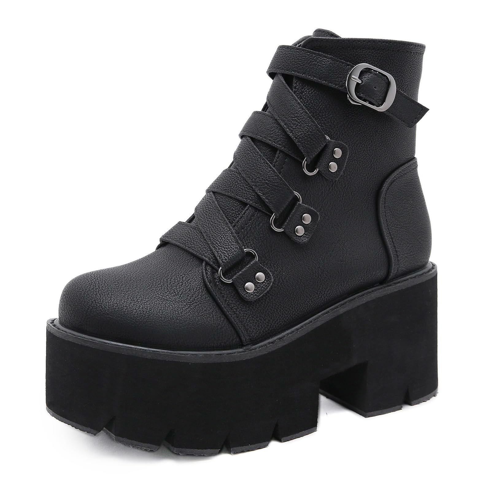 Womens Chunky Combat Boots Platform Ankle Boots with Round Toe Lace-Up Side Zipper for Punk Gothic Street Style