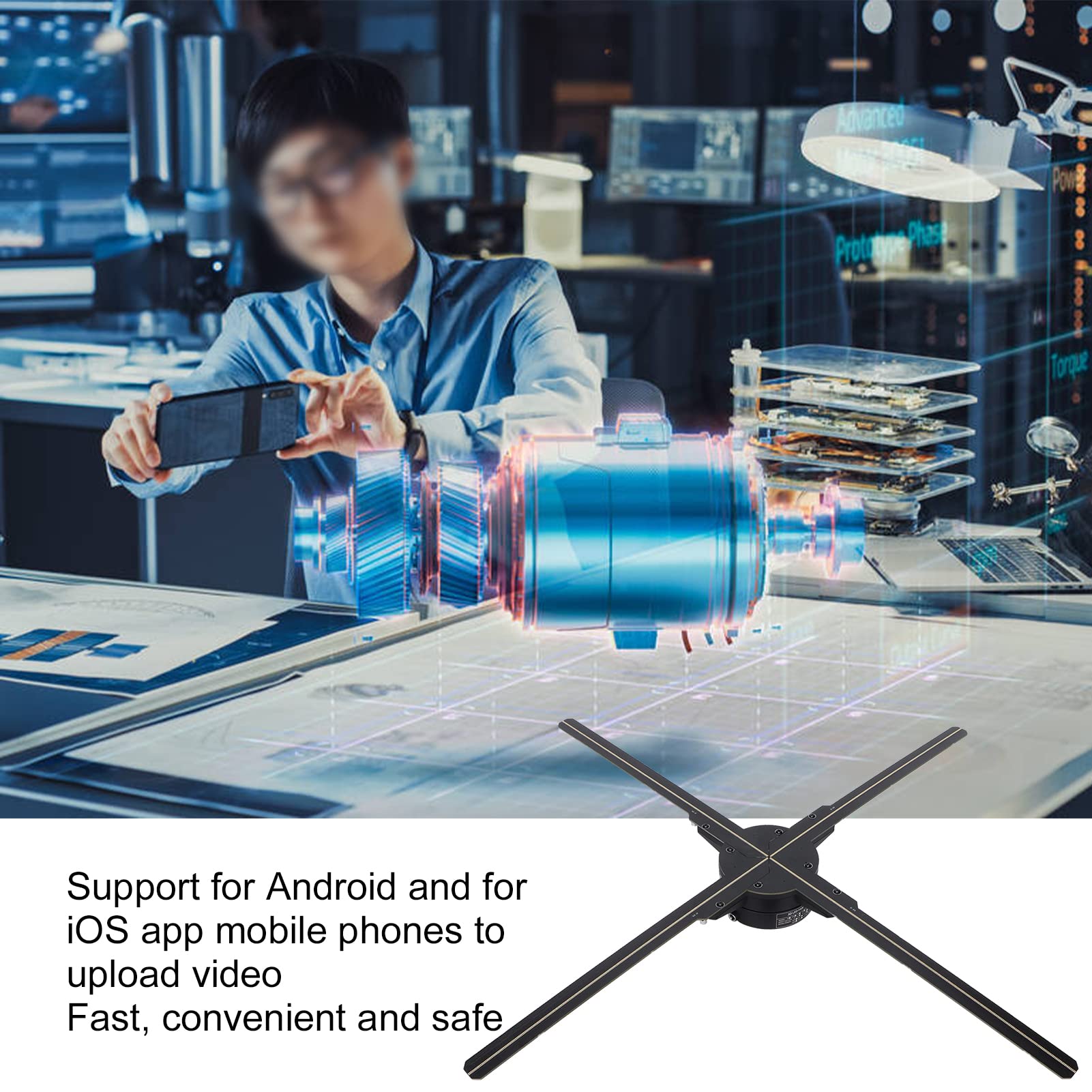 3Dホログラムファン 25 5インチ4ブレード3D LEDファン ホログラフィック3D写真 ビデオおよび広告ディスプレイ 店舗 バー ホリデーイベントディスプレイ用のWiFiHDホログラムプロジェクター USプラグ パソコン・周辺機器