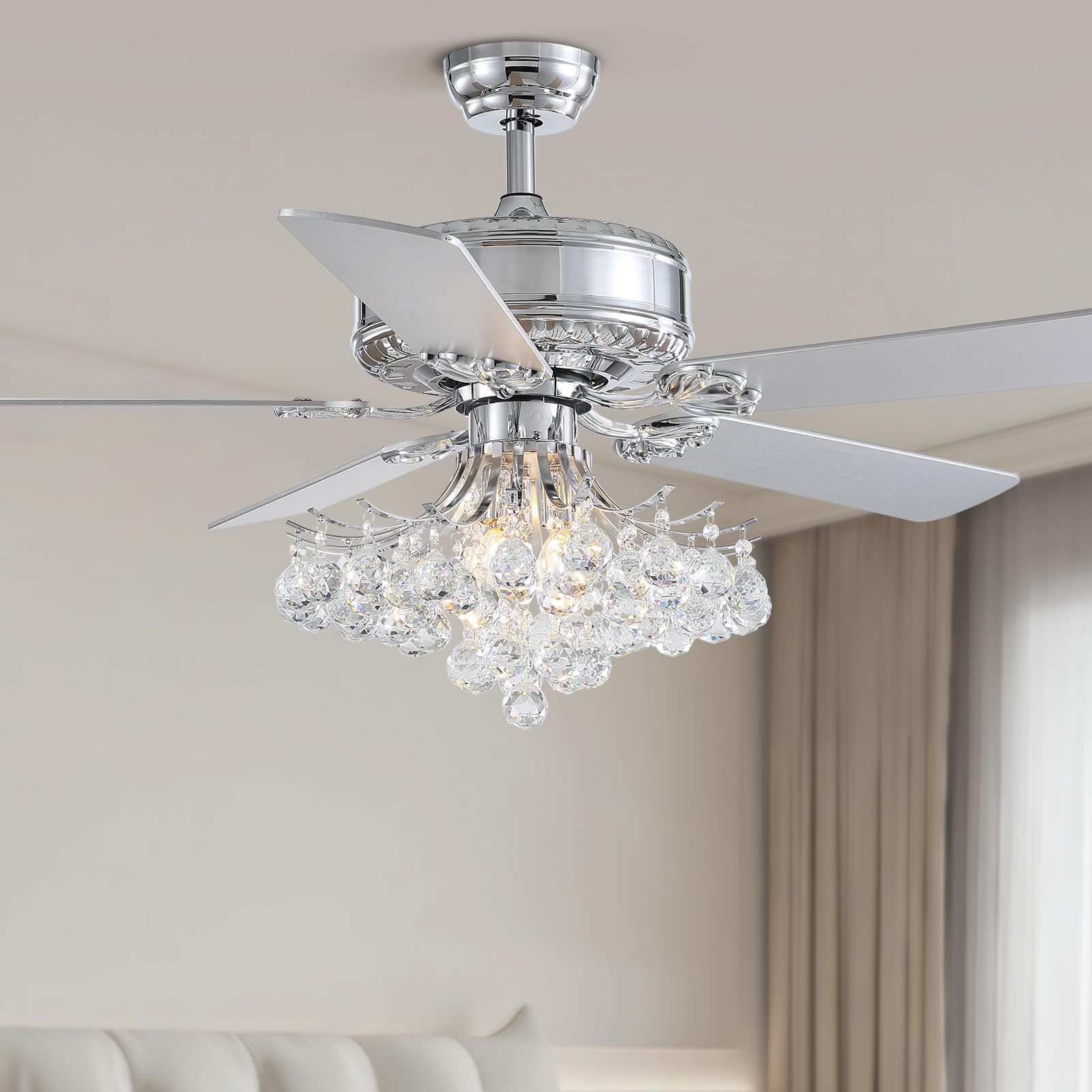 MOOONIHCE 52" Elegant Ceiling Fan with Light and Remote, Raindrops Crystal Fandelier with Wood Blades, Reversible Chandelier Fan for Living Room