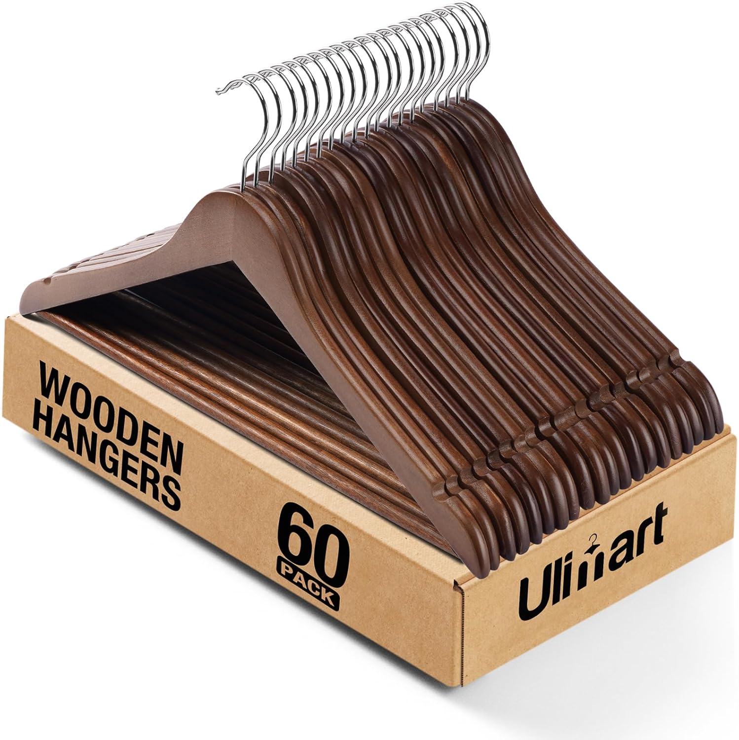 Wooden Hangers 60 Pack,Wood Hangers,Solid Shirt Hangers with Pants Bar,Heavy Duty & Slim Coat Hanger,for Suit Coat Jacket Pants?Walnut?