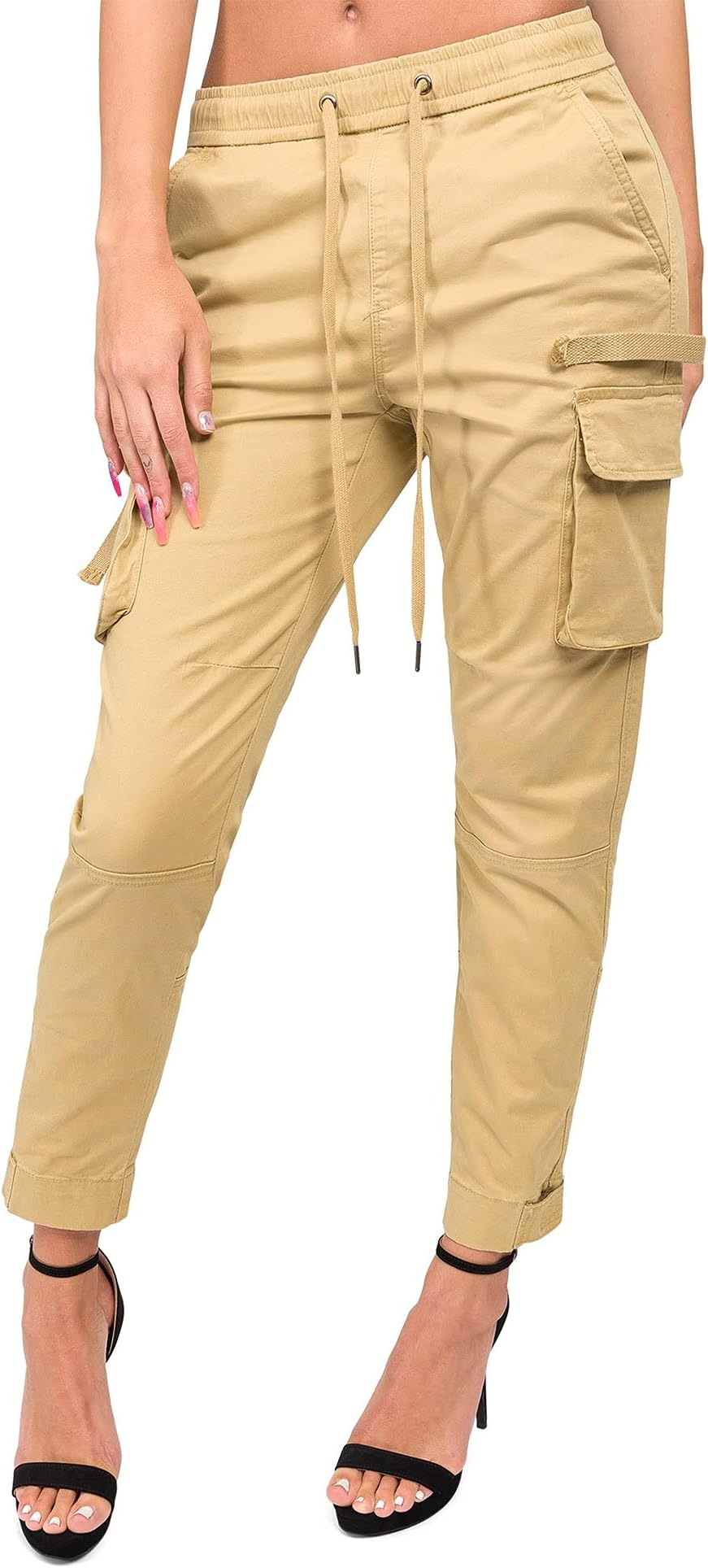 American BaziWomen's High Waist Drawstring Waist Cargo Joggers RJJ2898 - Khaki - Small