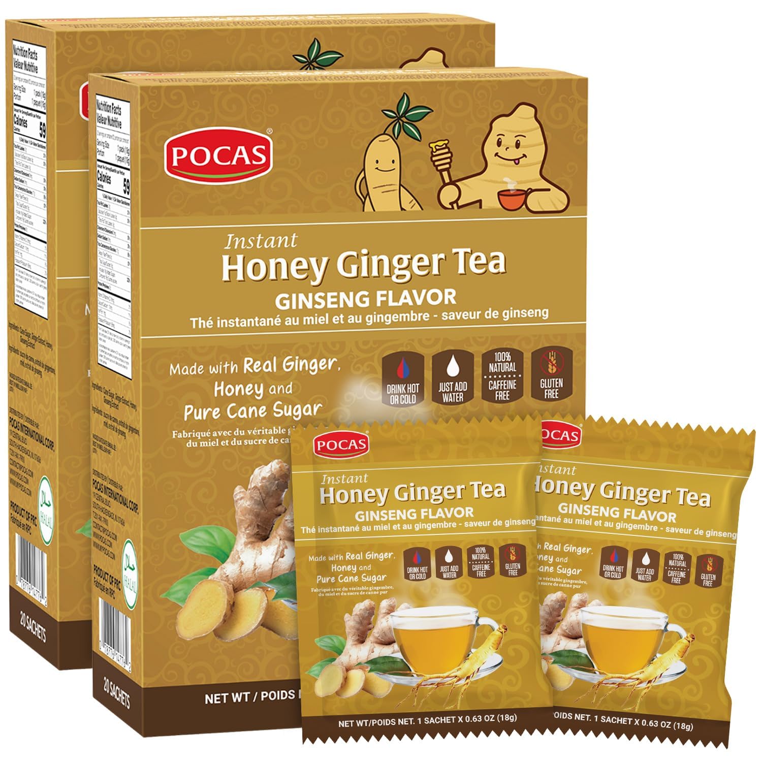 Pocas Honey Ginger Instant Tea Powder, Ginseng Flavor, Real Ginger Extract & Honey, Caffeine-Free Tea, 20 Packets