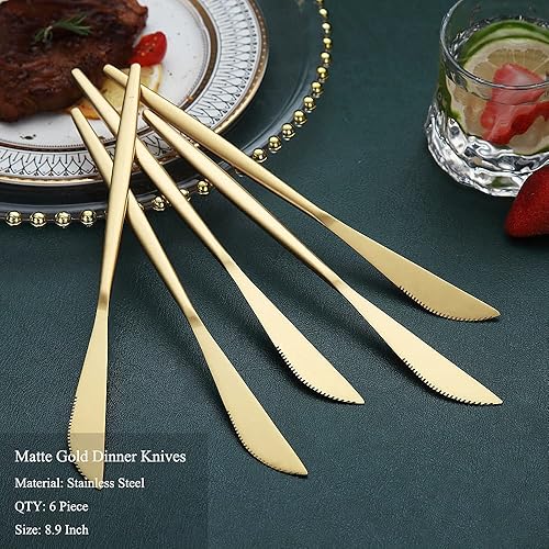Miniatura 2 de HOMQUEN Cuchillos de cena, 6 piezas, cuchillo de cena de acero inoxidable dorado mate, cuchillo de mantequilla resistente, cuchillos de mantequilla
