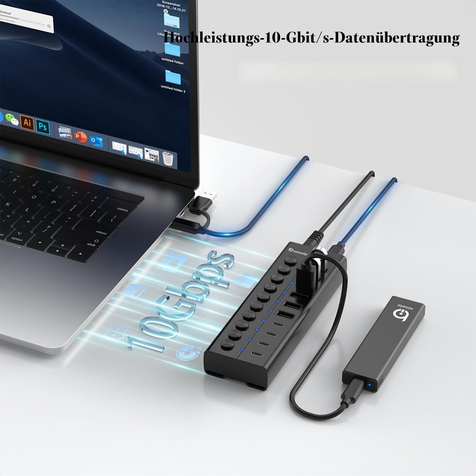 10 Port USB Hub mit Netzteil 60W - 10Gbps USB 3.2 Gen 2 Hub Aktiv aus Aluminium mit 6 USB-A & 4 USB-C Ports Individuelle EIN/Aus Schalter BC1.2 Schnelladung für MacBook, PC, Laptop schwarz