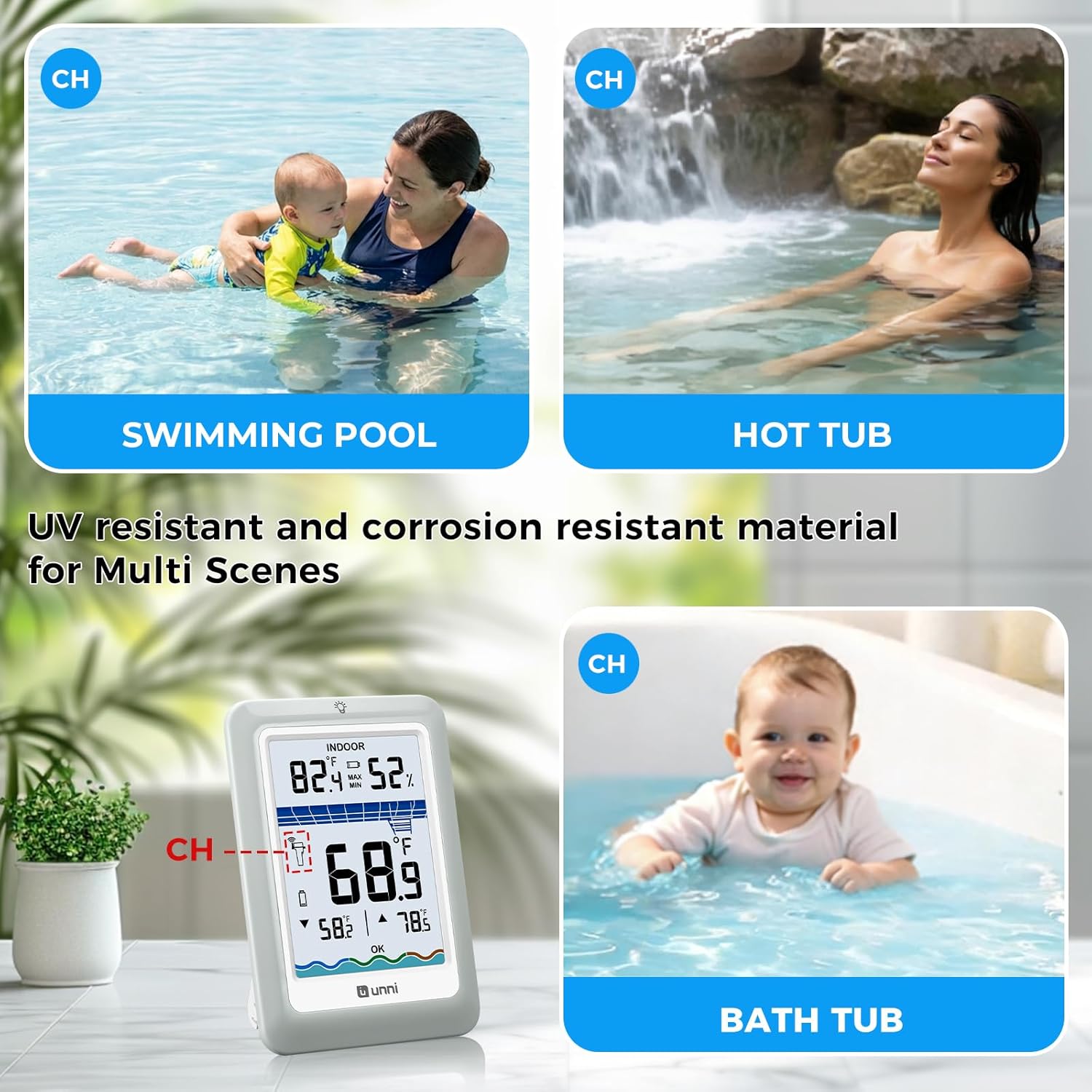 Wireless Pool Thermometer Floating Easy Read, IPX8 Waterproof Digital Water Temperature Thermometer Bath Thermometer for Swimming Pool, Ponds, Hot Tub, Spa, Aquariums
