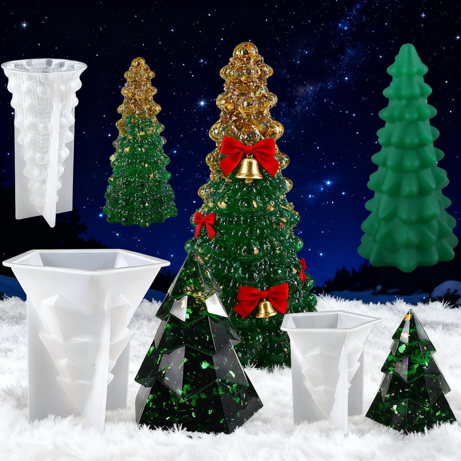 4pcs Christmas Tree Resin Molds, 3D Christmas Tree Silicone Mold for Fondant, Candle, Soap, Bath Bomb, Plaster, Epoxy Resin, Xmas Crafts