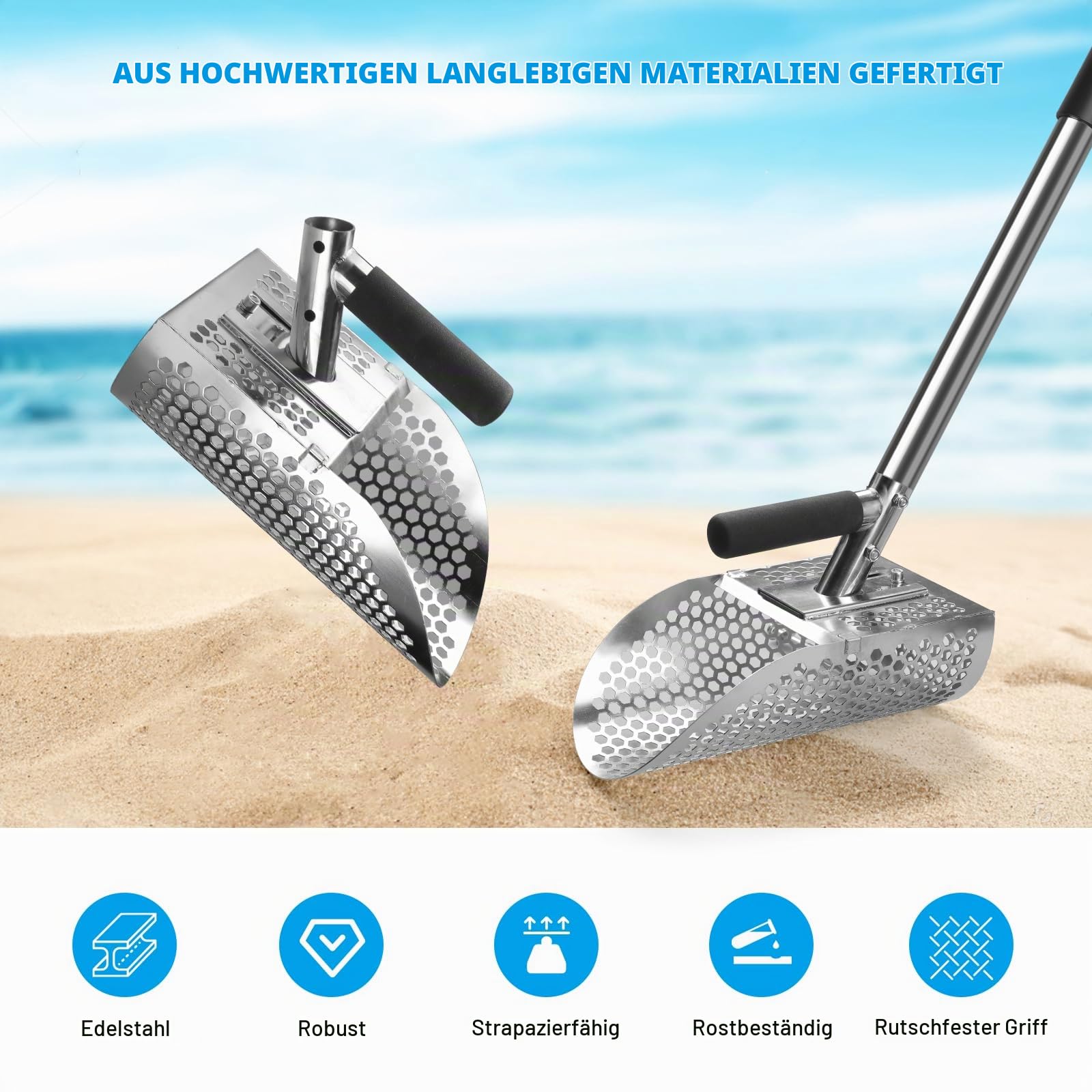 Sandschaufel Edelstahl für Metalldetektor, 114 CM Langer Griff Abnehmbare Metalldetektor-Schaufel - Schwerlast, Rostfrei Rostfrei Sandflohharke für Sand Sichtung, Schatzsuche, Unterwasser-Suche