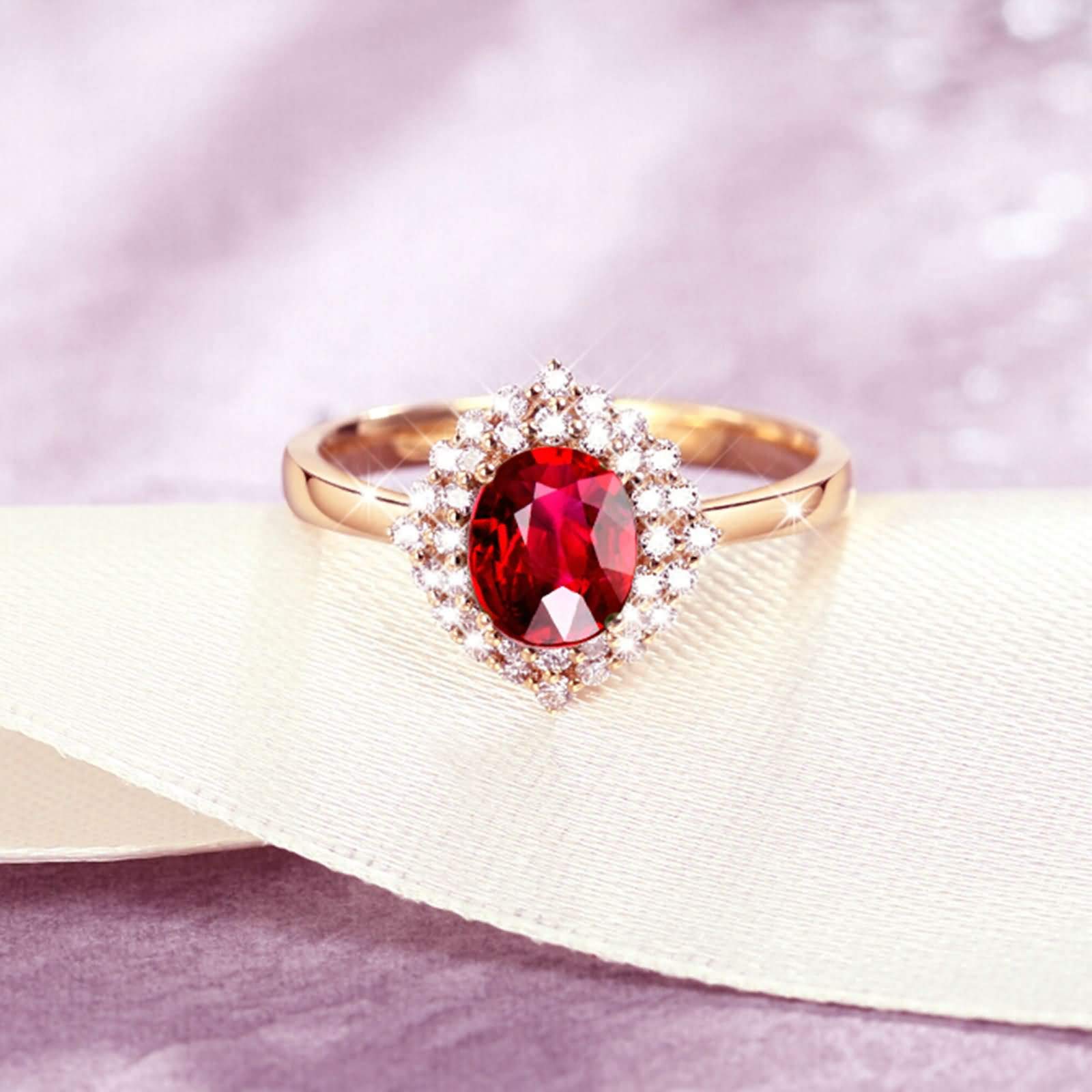Daesar Anillos de Compromiso Matrimonio para Mujer con Flor y Oval con Rubí Creado y Moissanita, Oro Amarillo 9K/14K/18K, Anillo Promesa Oro Rojo