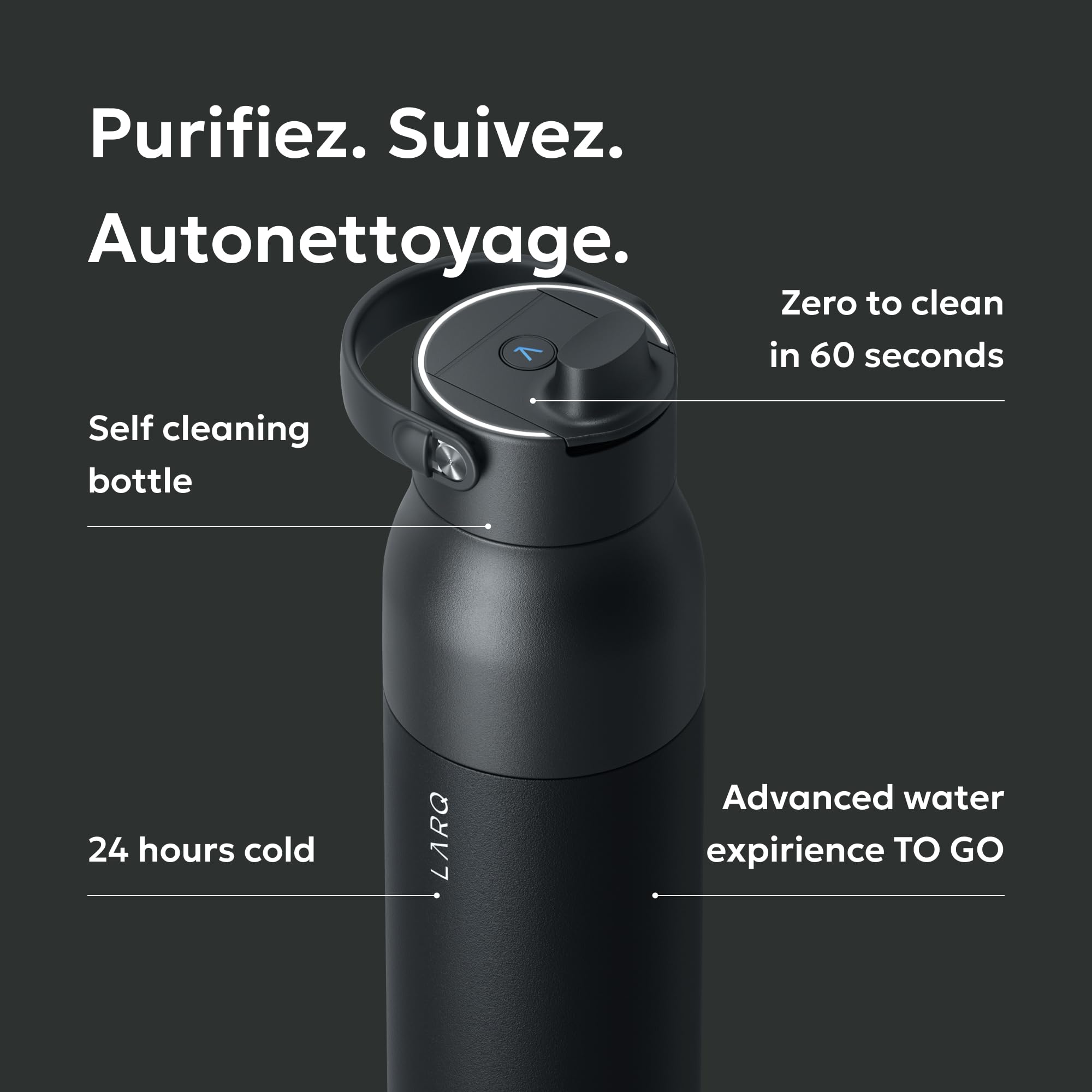 LARQ PureVis 2 Botella de Agua Inteligente con Filtro - Autolimpiable UV, Seguimiento de Hidratación vía App, Acero Inoxidable Aislado – Garantía 2 Años – 1 Litro