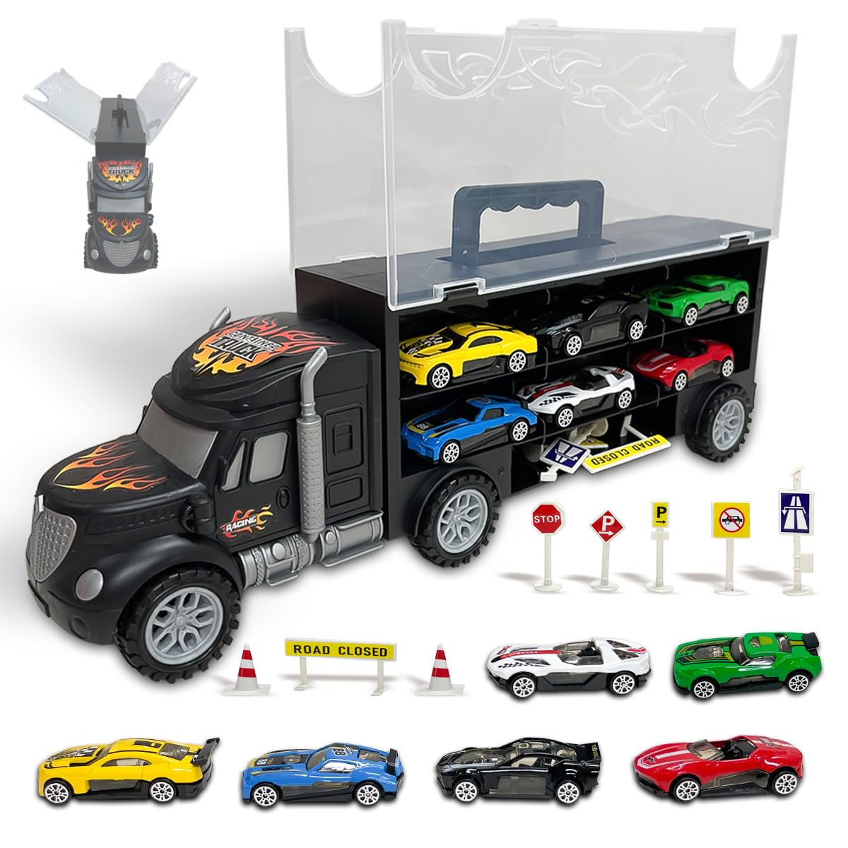 Xwin Toy Car Transporter Truck, Portable Transport Truck with 6 PCs Diecast Cars Trailer Playset, Vehicle Carrier Toy with Imaginative Play Accessories Gift Set for Children 3+ Years