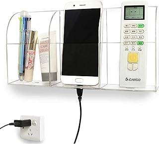 Pansyling Large Acrylic 3-Slot Wall Mounted Smart Phone Charging Holder Station Clear Hanging TV Remote Control Holder Media Organizer Wall Pocket Caddy Container Bedside Clear Phone Charging Stand