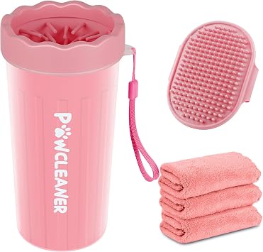 Dog Paw Cleaner for Dogs, with 3Pcs Absorbent Towels & Adjustable Bath Brush Dog Paw Washer, Pet Foot Cleaner Pink, Large