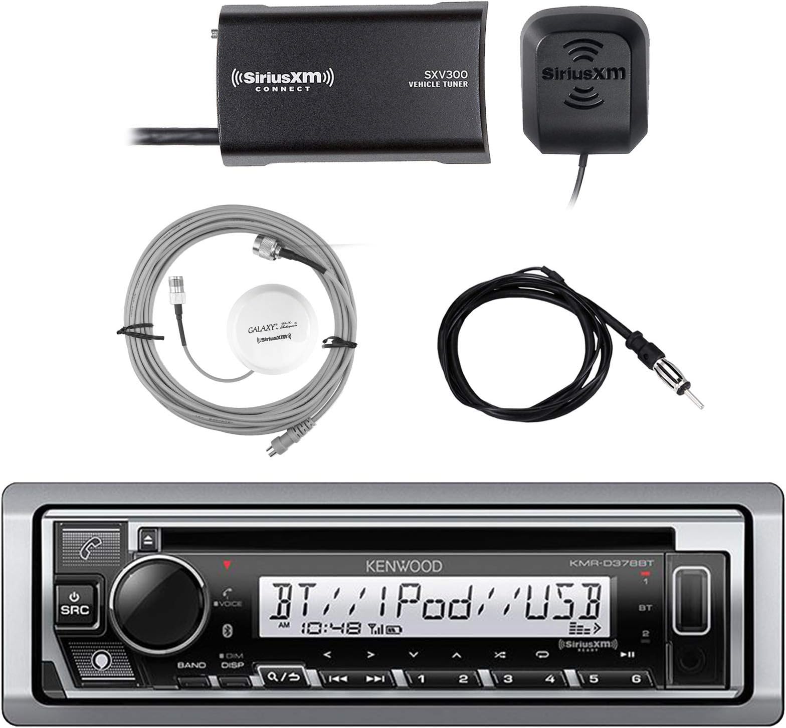 Kenwood Single DIN Bluetooth in-Dash CD AM/FM Marine Stereo Receiver Bundle Combo with Satellite Radio Vehicle Tuner Kit, Shakespeare Galaxy Antenna, Enrock Marine Antenna