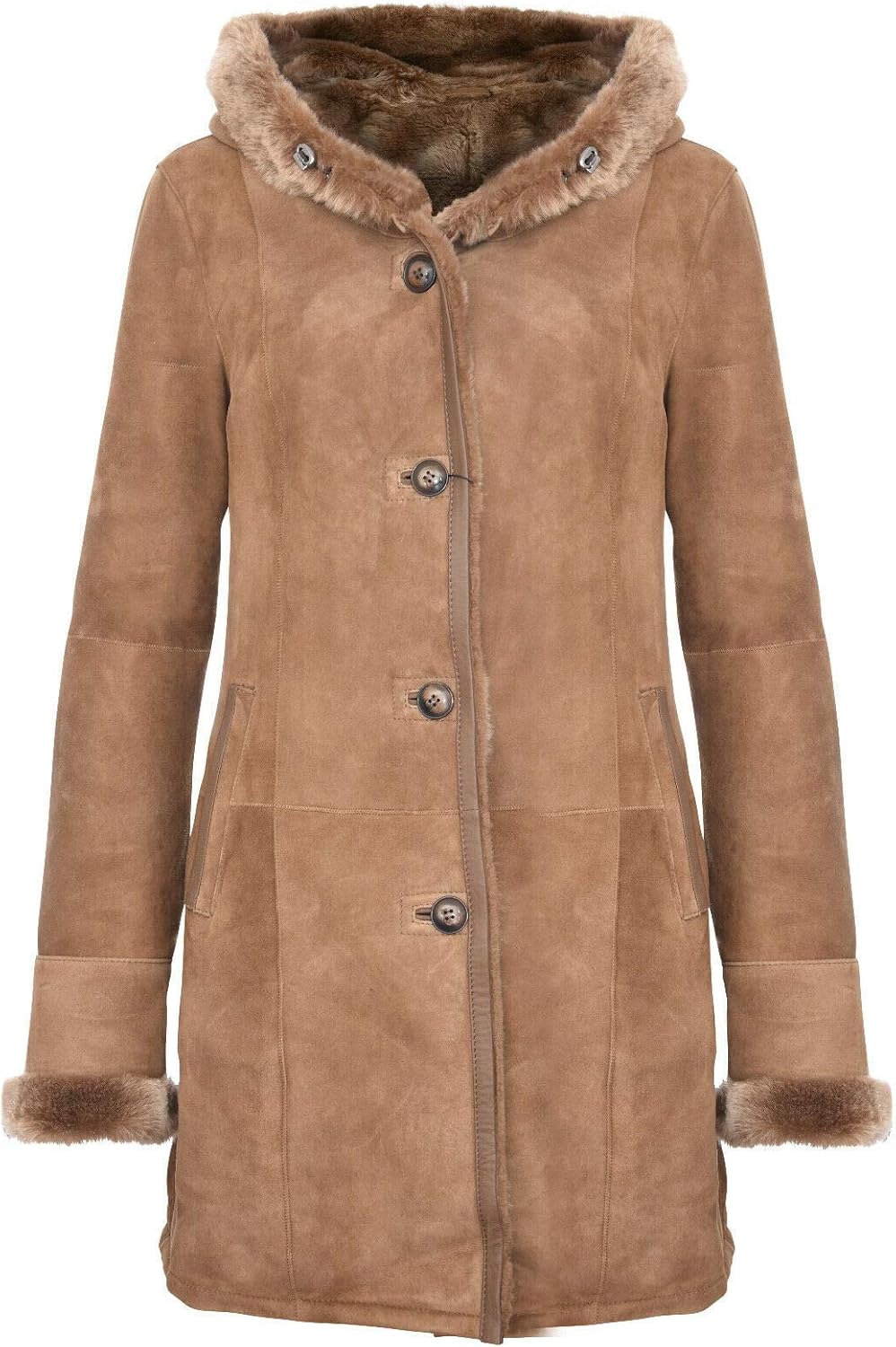 Infinity Leather Women's Elegant Brown Tan Hooded Suede Merino Shearling Sheepskin Jacket Coat