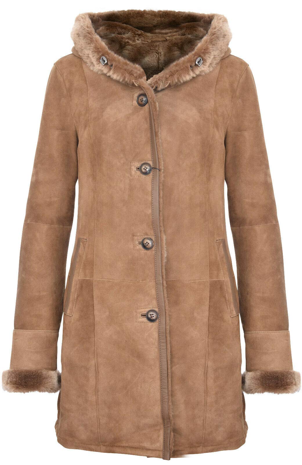 Infinity Leather Women's Elegant Brown Tan Hooded Suede Merino Shearling Sheepskin Jacket Coat 2XL